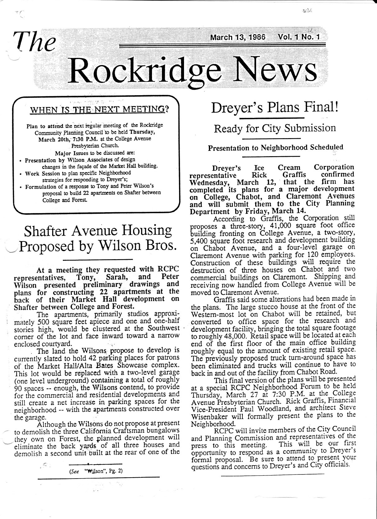 The Rockridge News, March 1986, page 1