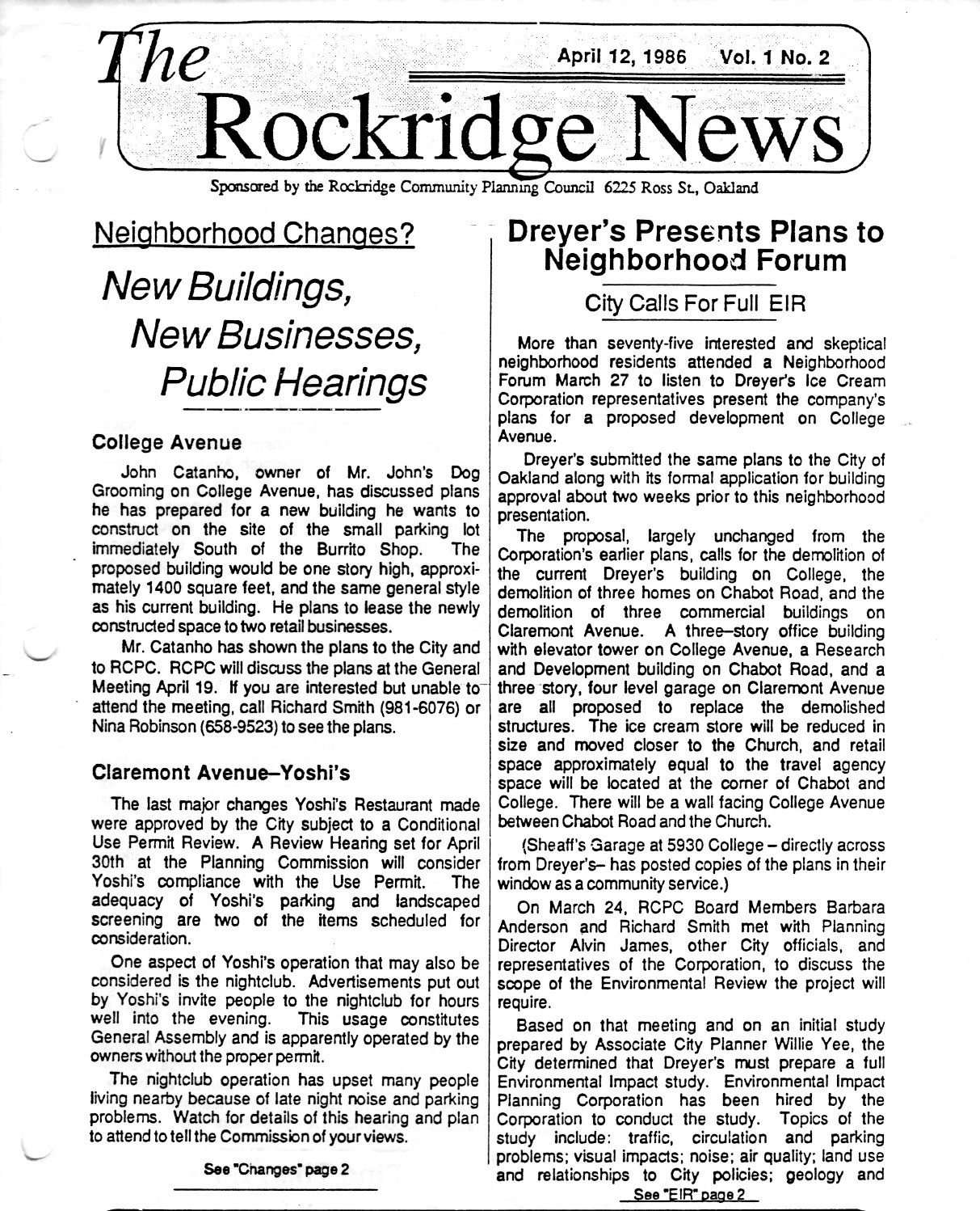 Click to zoom in The Rockridge News, April 1986, page 1