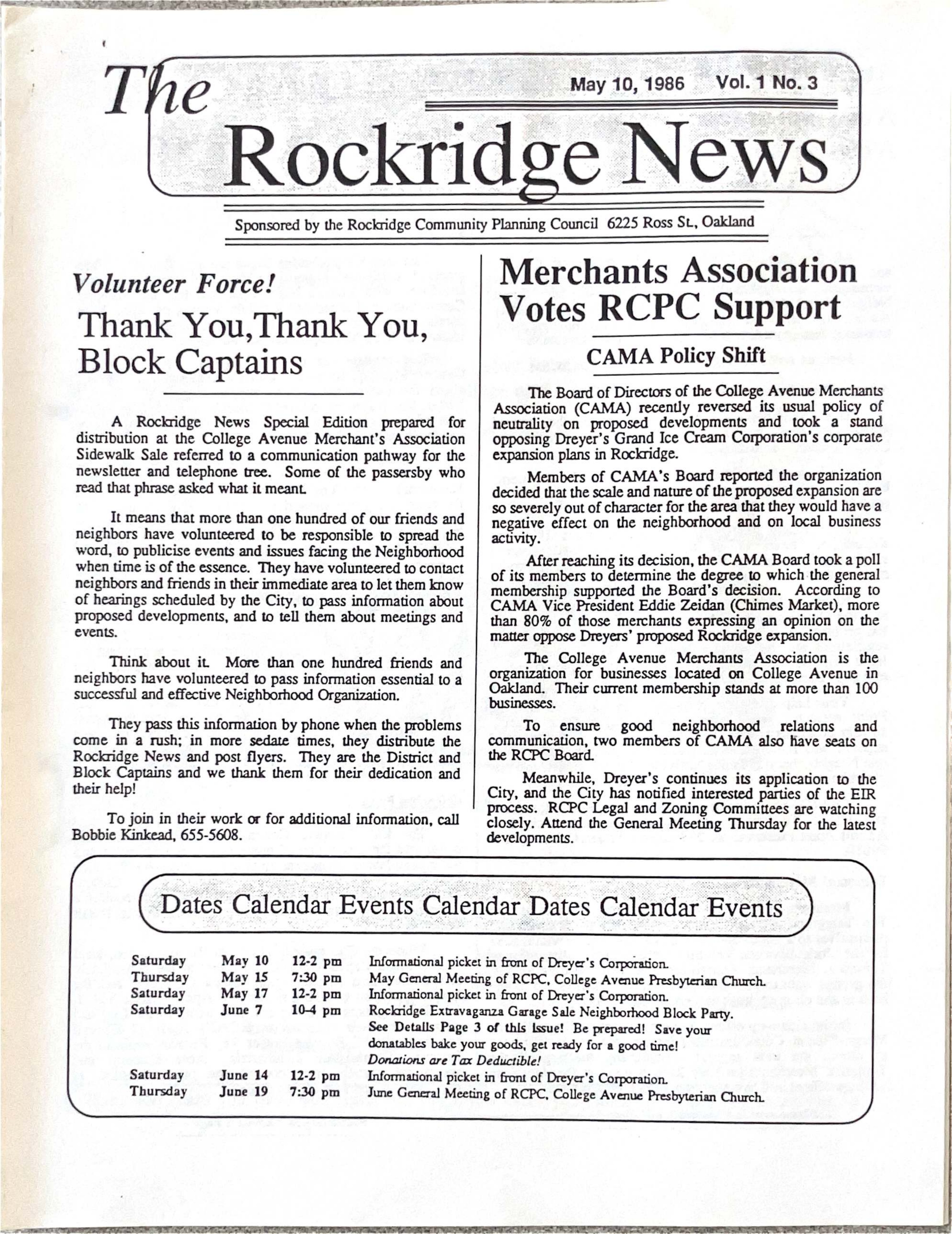 Click to zoom in The Rockridge News, May 1986, page 1