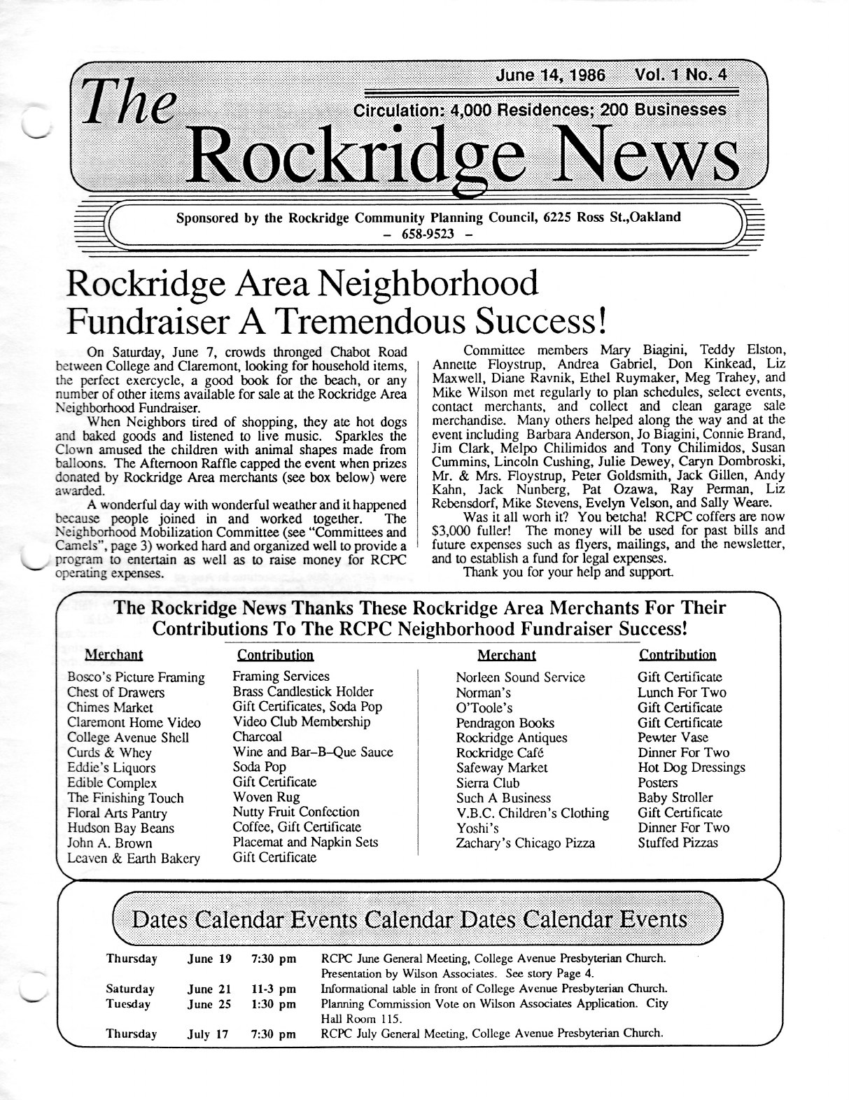Click to zoom in The Rockridge News, June 1986, page 1