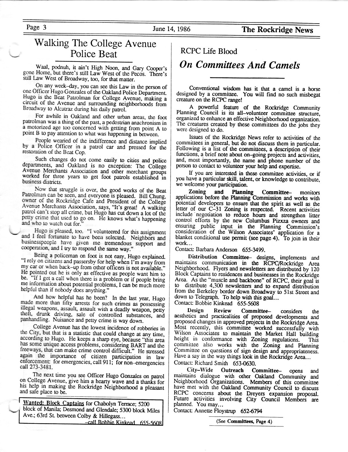 The Rockridge News, June 1986, page 3