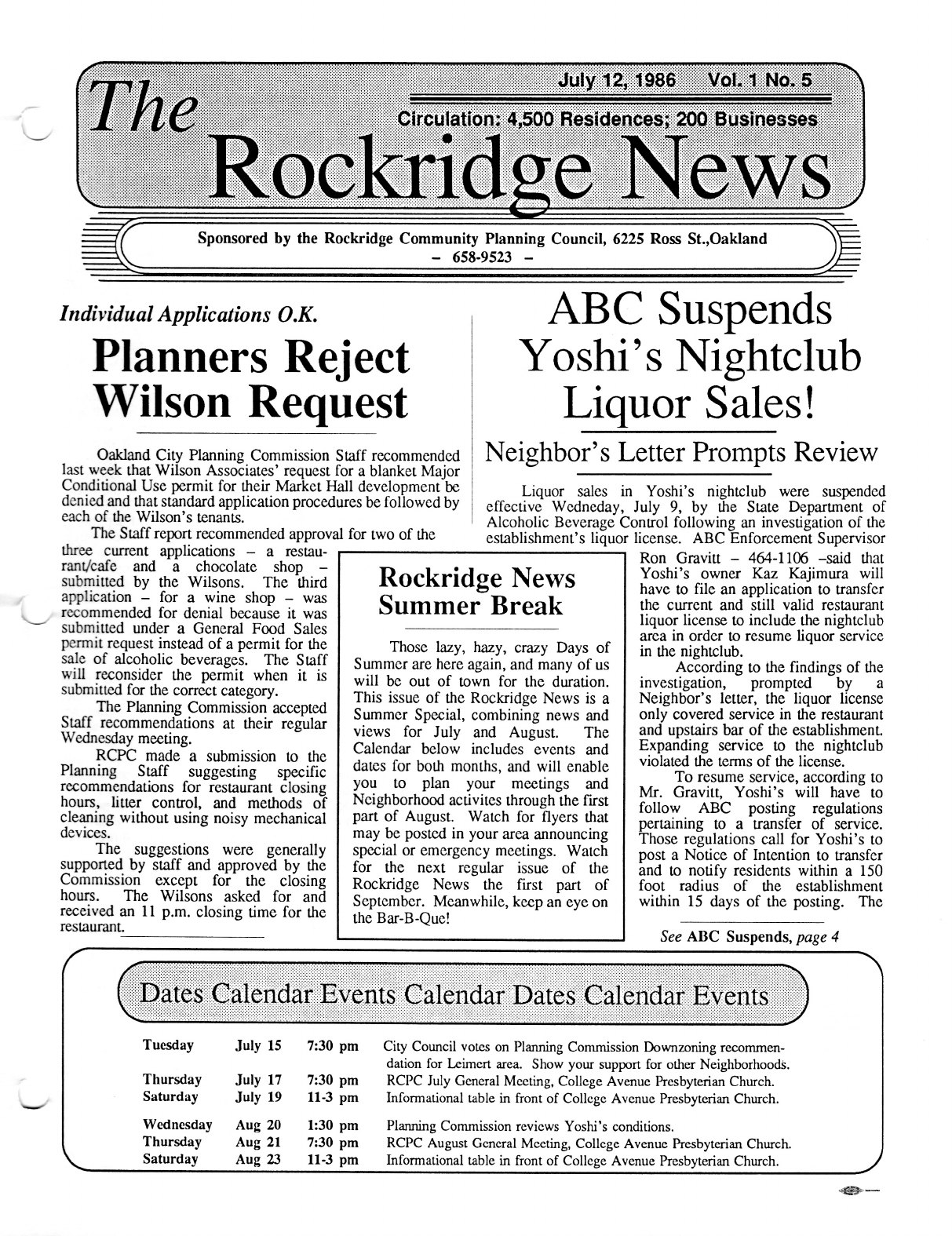 Click to zoom in The Rockridge News, July 1986, page 1