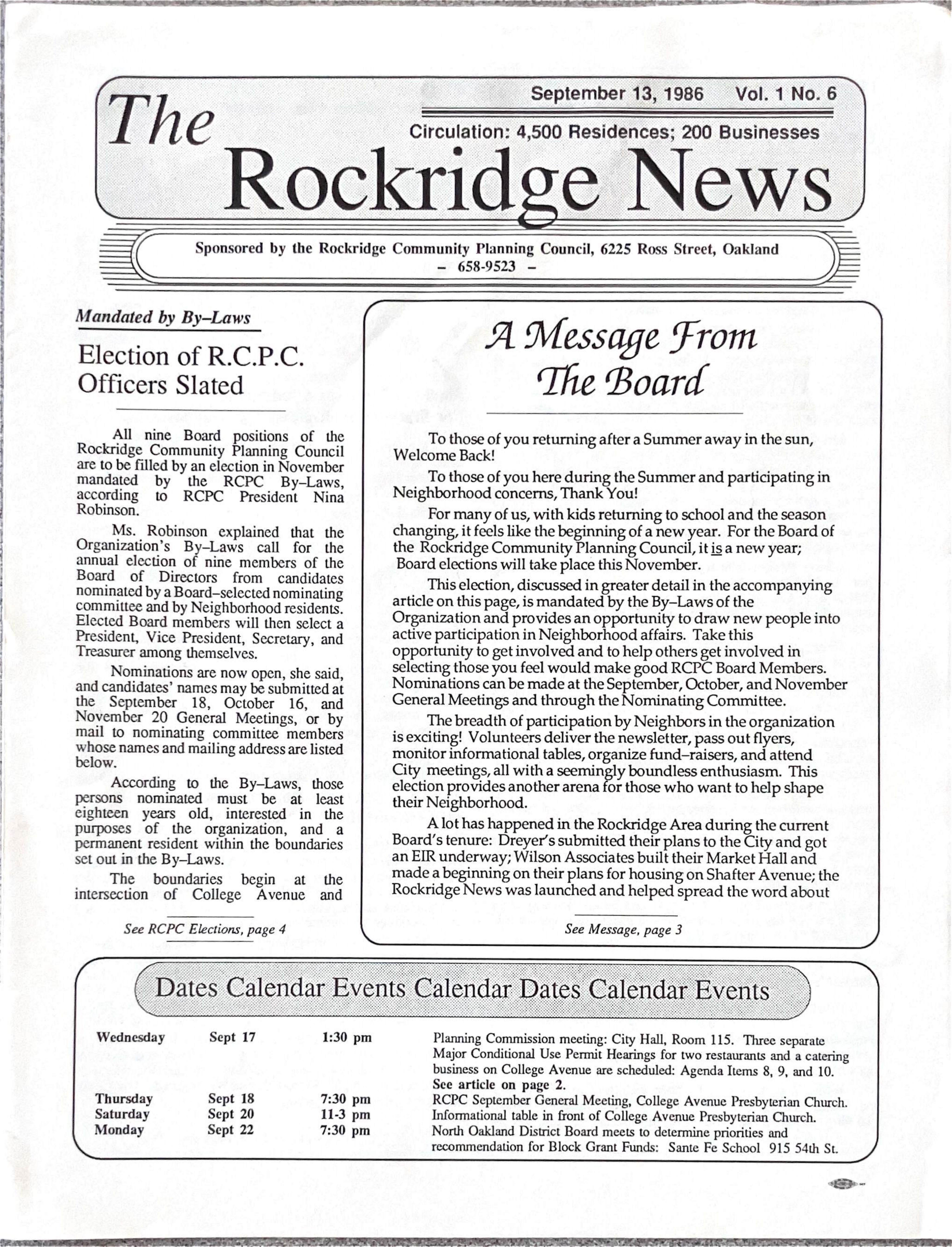 Click to zoom in The Rockridge News, September 1986, page 1
