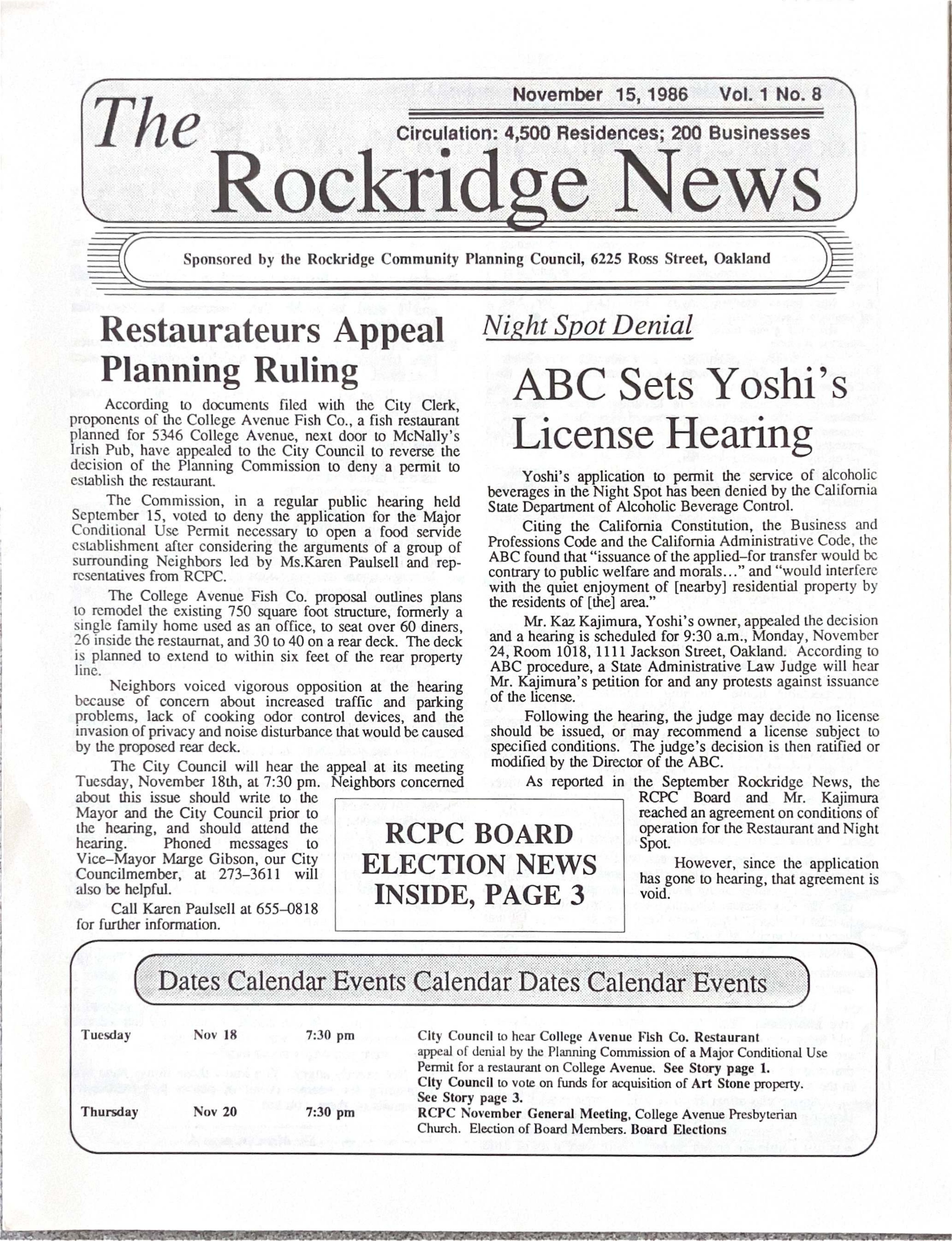 Click to zoom in The Rockridge News, November 1986, page 1