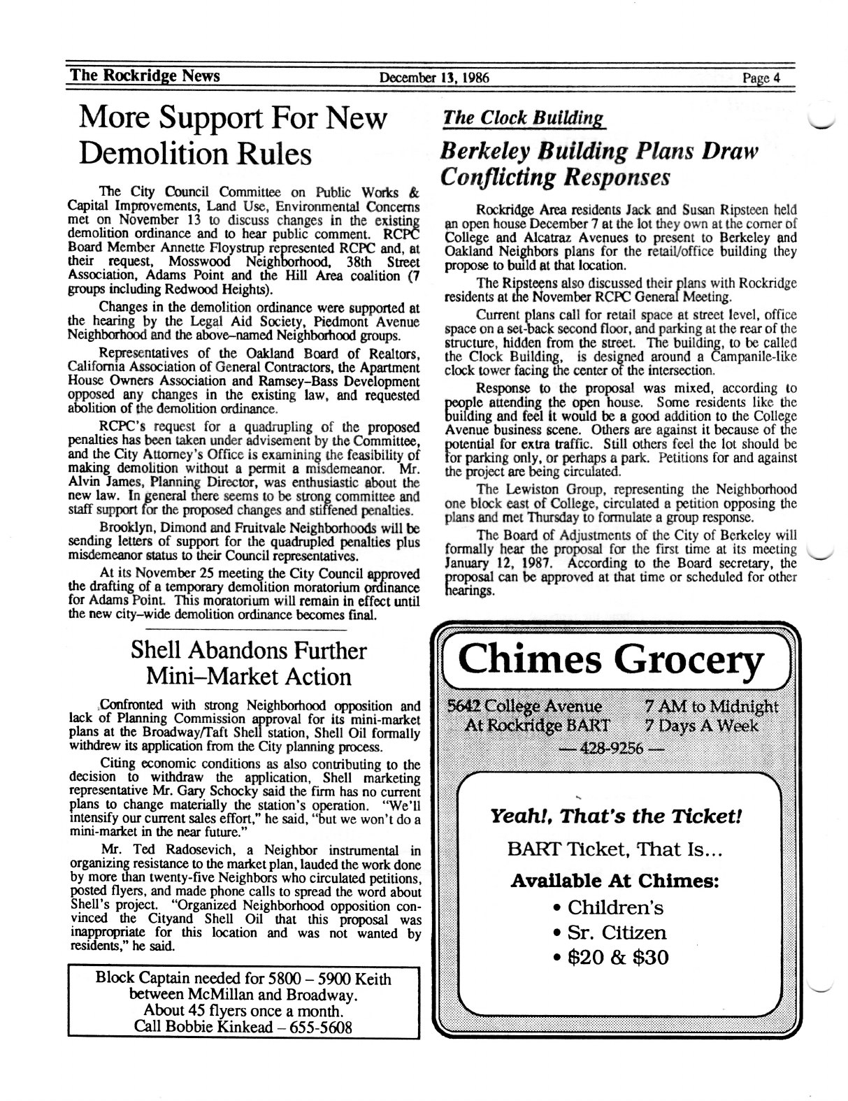 Click to zoom in The Rockridge News, December 1986, page 4