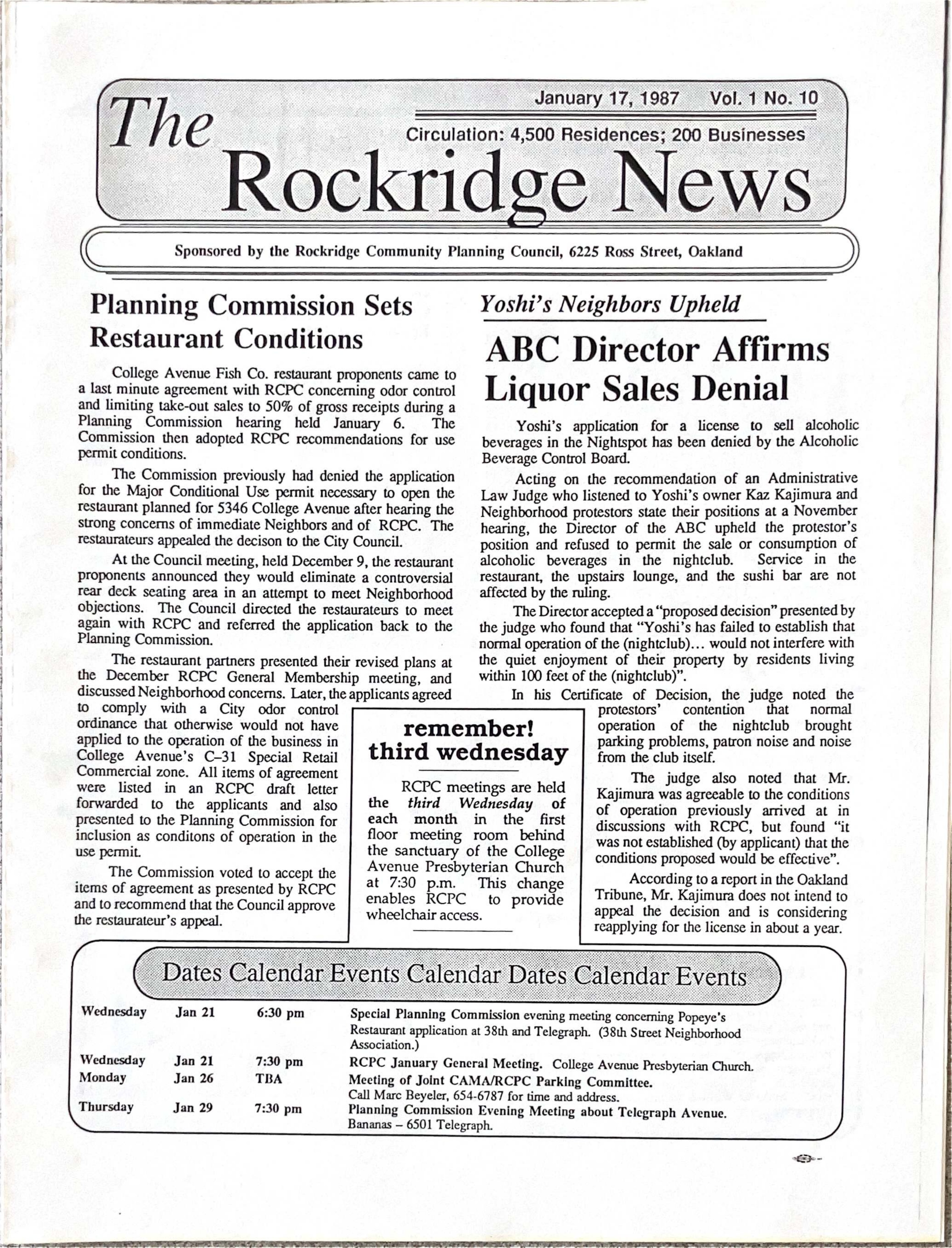 Click to zoom in The Rockridge News, January 1987, page 1
