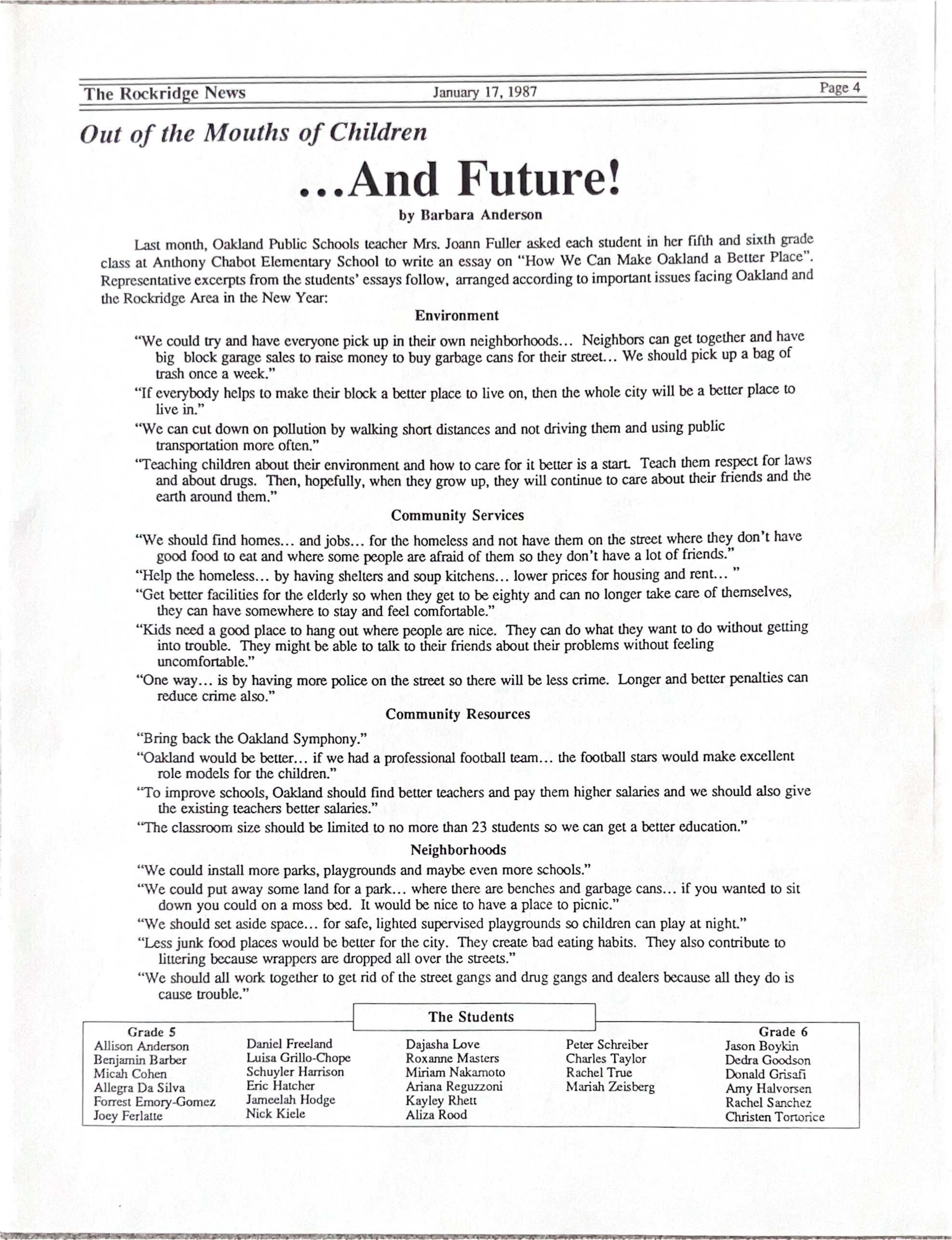 The Rockridge News, January 1987, page 4