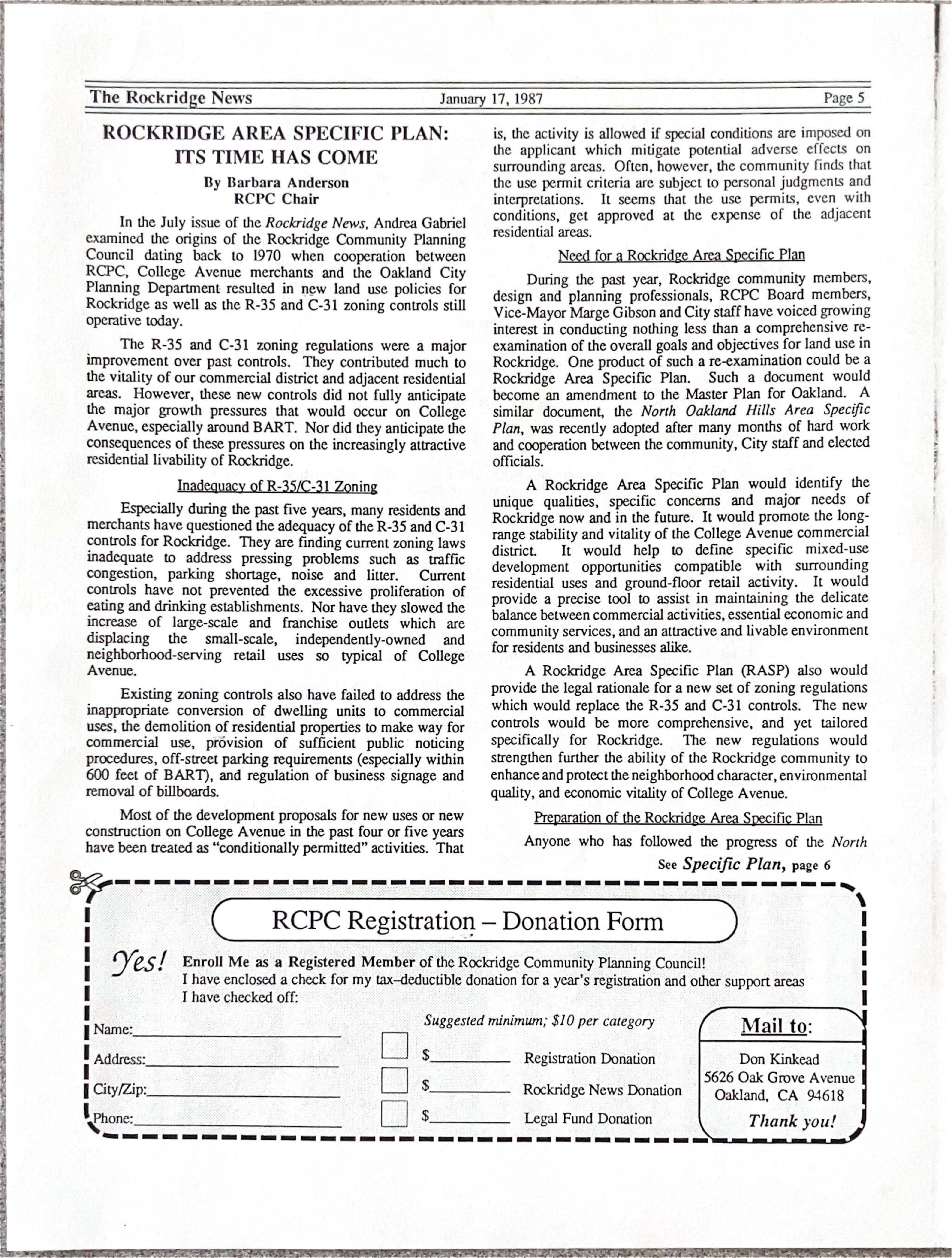 Click to zoom in The Rockridge News, January 1987, page 5