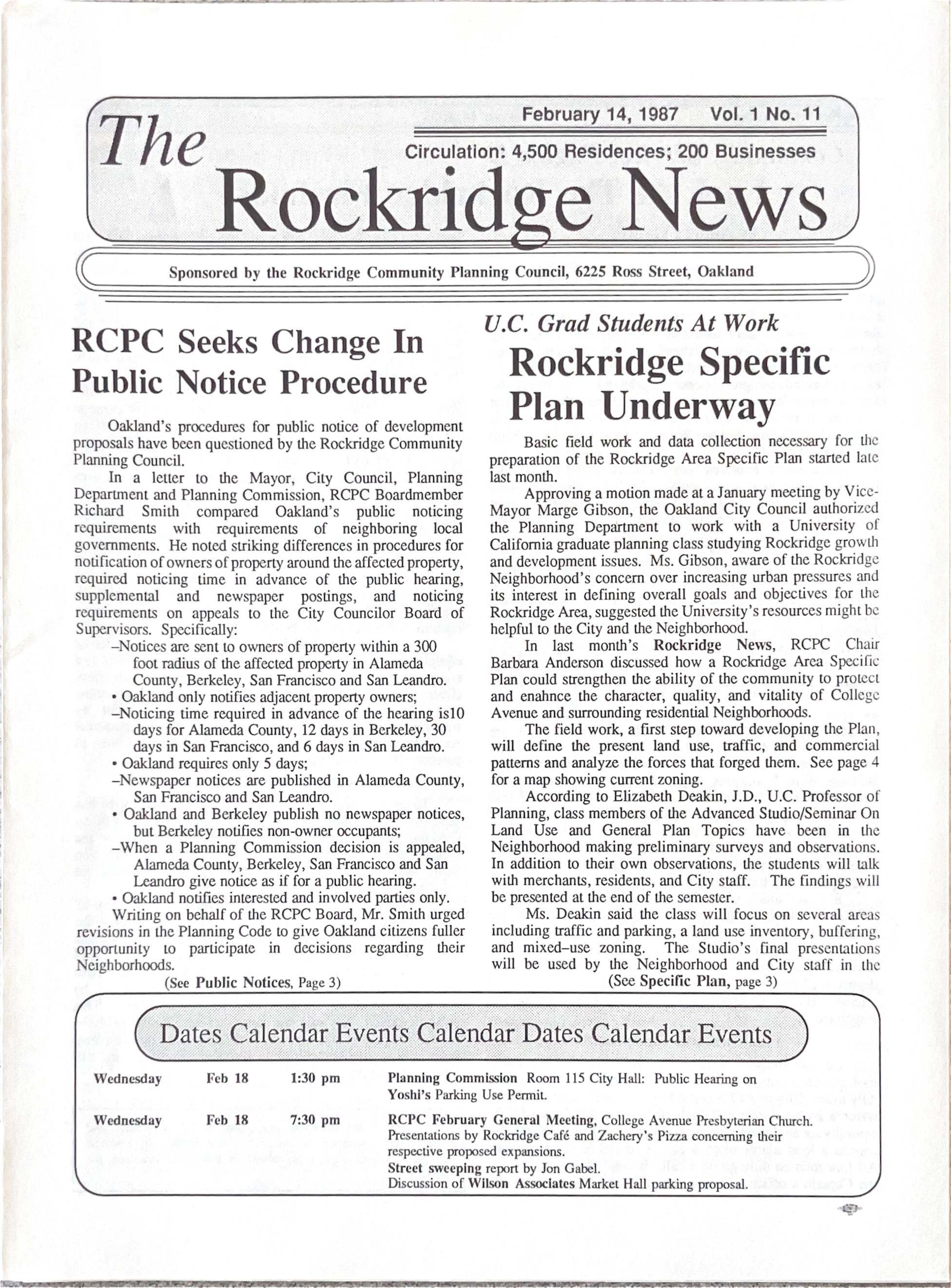 Click to zoom in The Rockridge News, February 1987, page 1