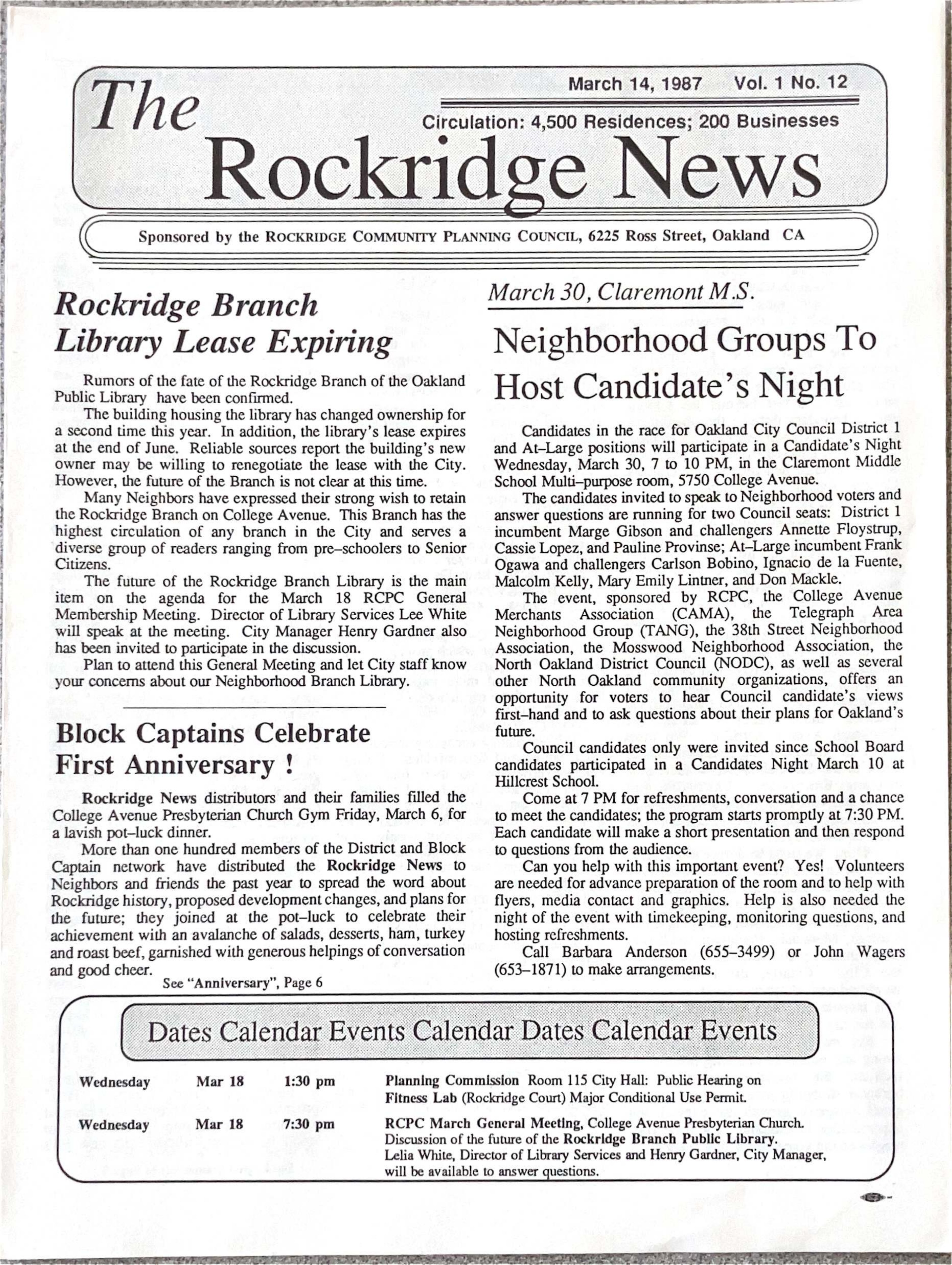 Click to zoom in The Rockridge News, March 1987, page 1