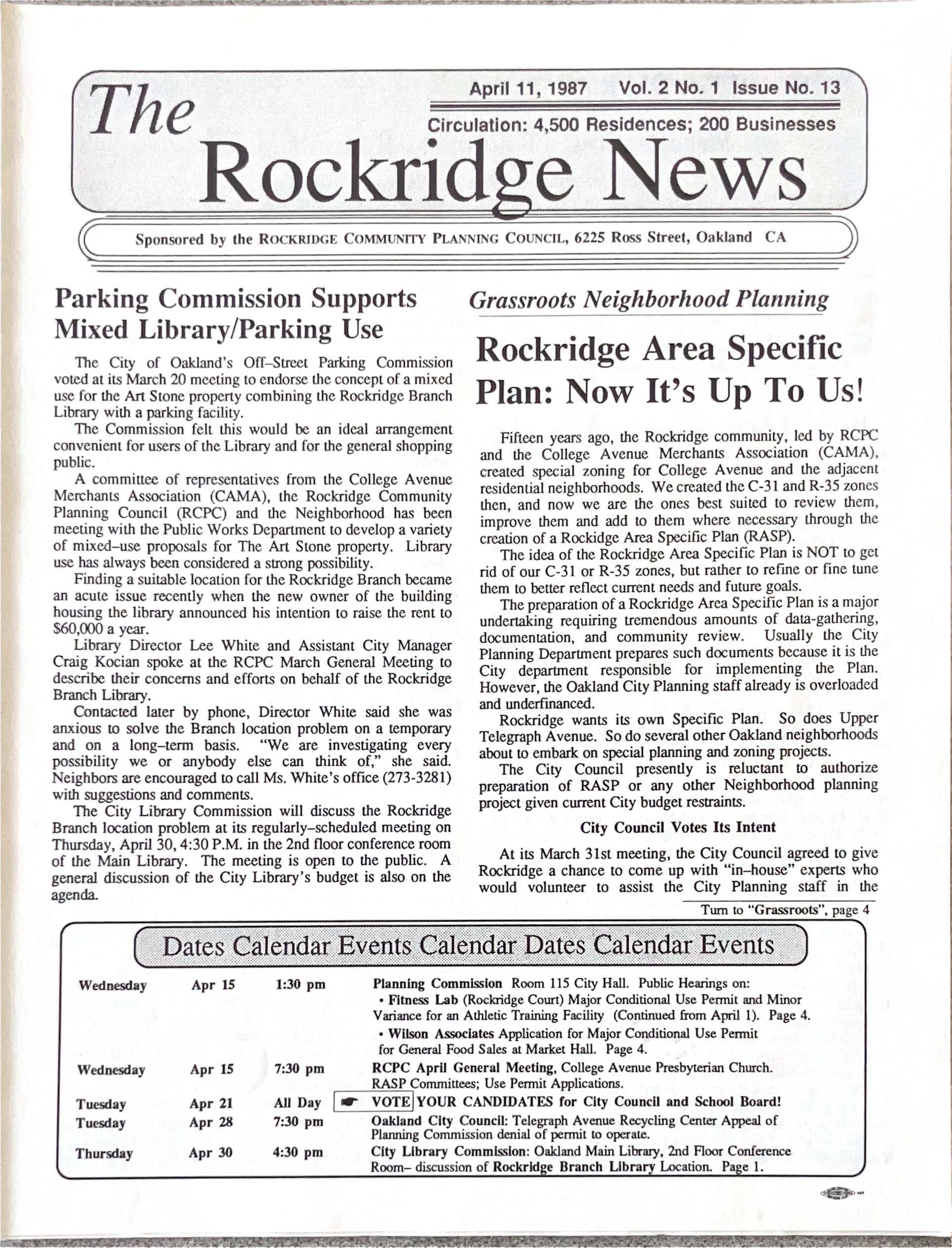 Click to zoom in The Rockridge News, April 1987, page 1