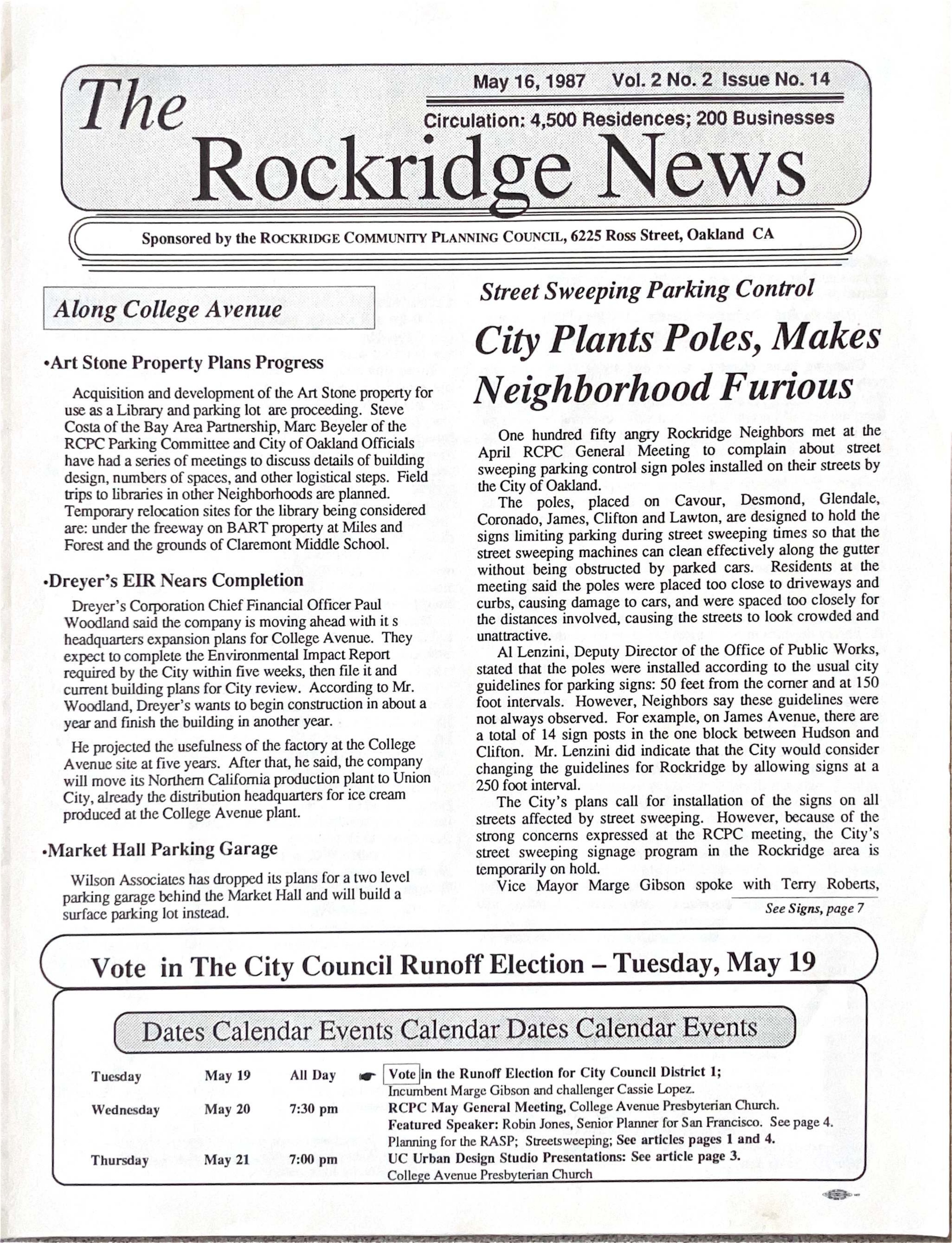 Click to zoom in The Rockridge News, May 1987, page 1