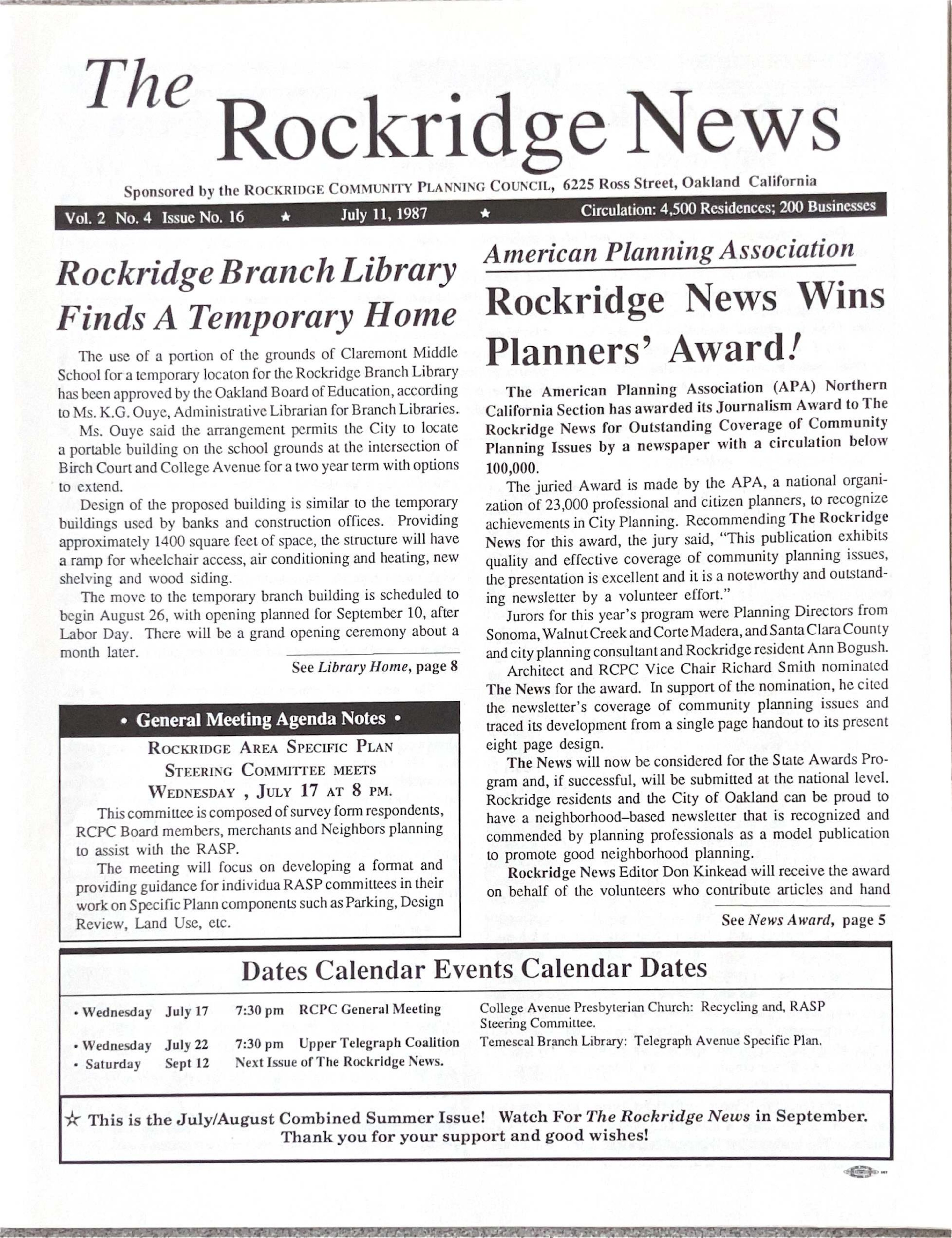Click to zoom in The Rockridge News, July 1987, page 1
