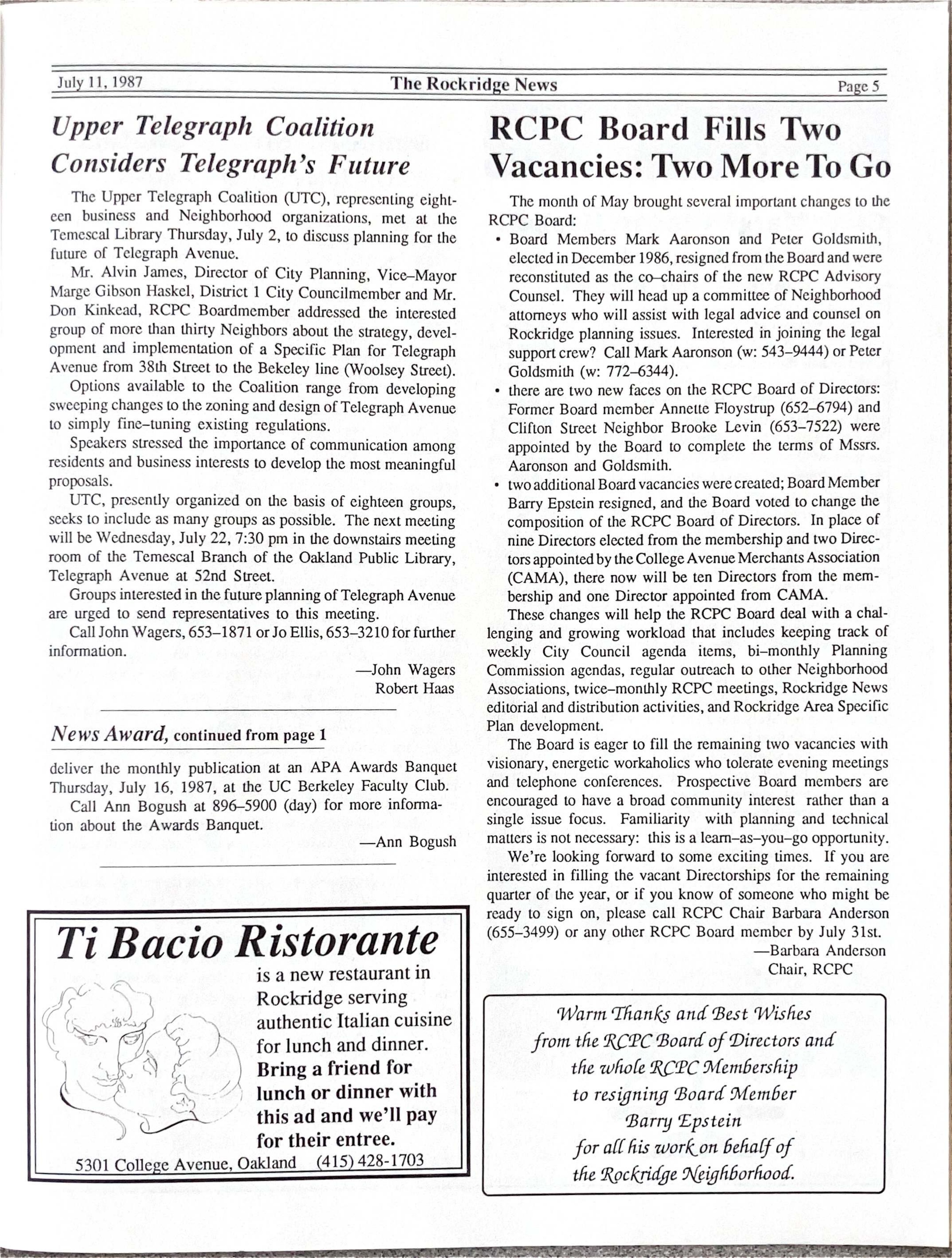 Click to zoom in The Rockridge News, July 1987, page 5