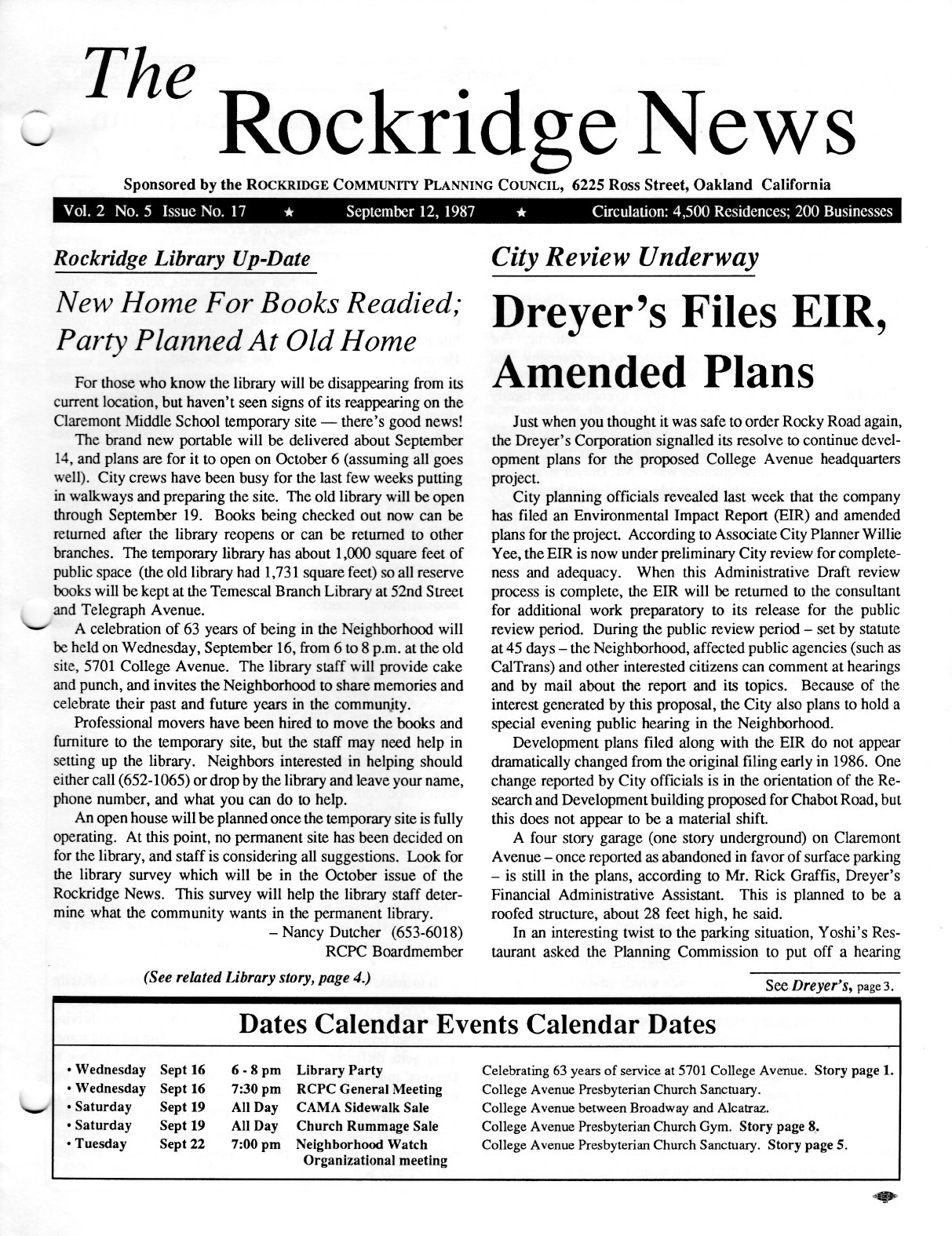 Click to zoom in The Rockridge News, September 1987, page 1