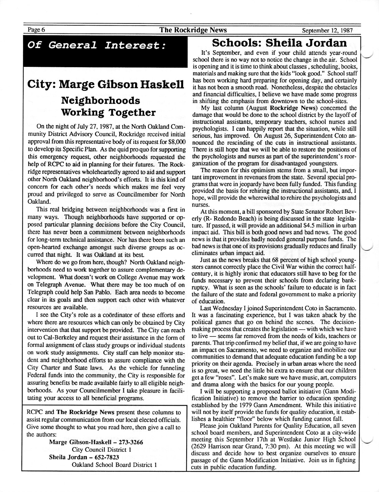 Click to zoom in The Rockridge News, September 1987, page 6