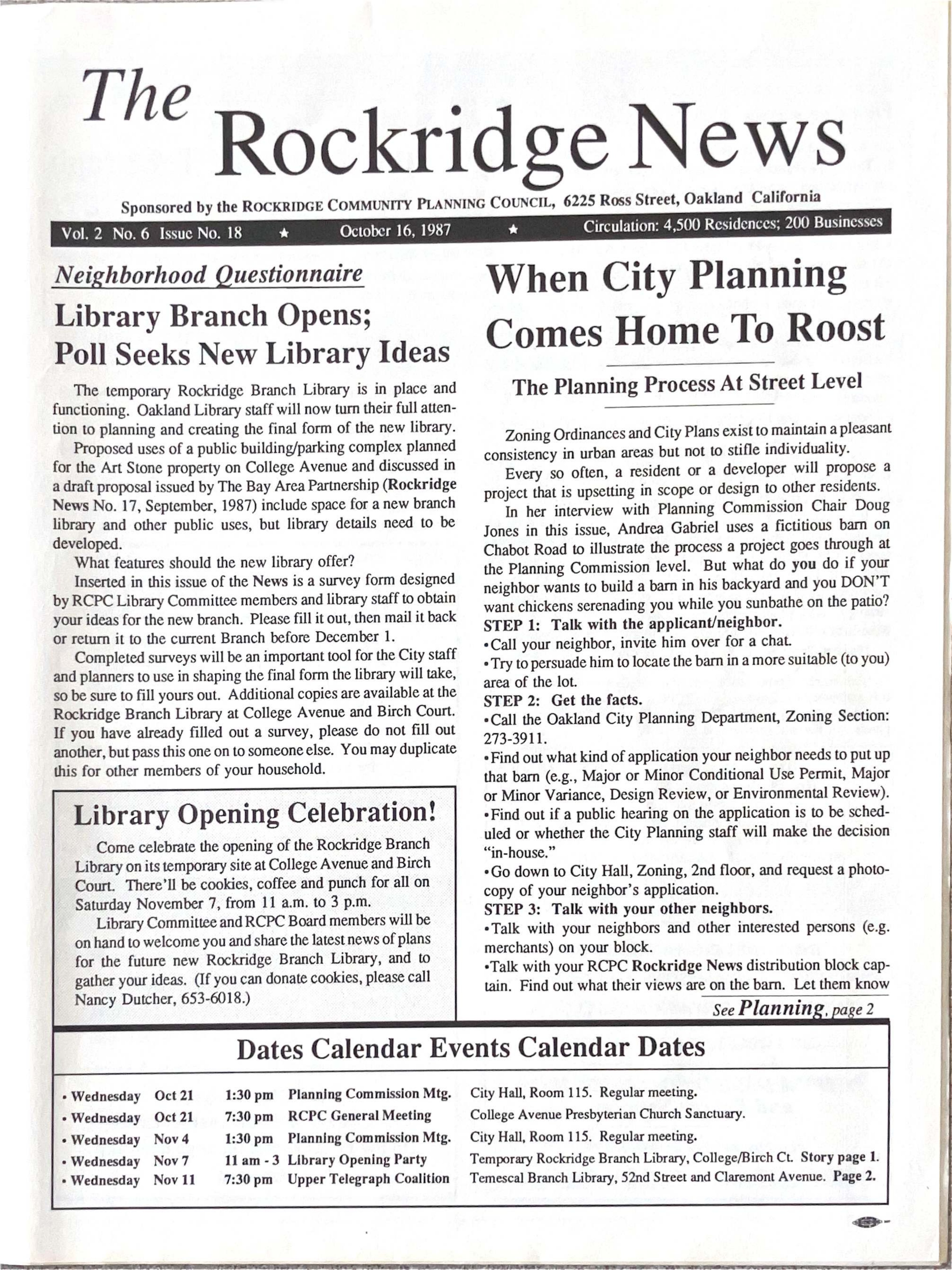 Click to zoom in The Rockridge News, October 1987, page 1
