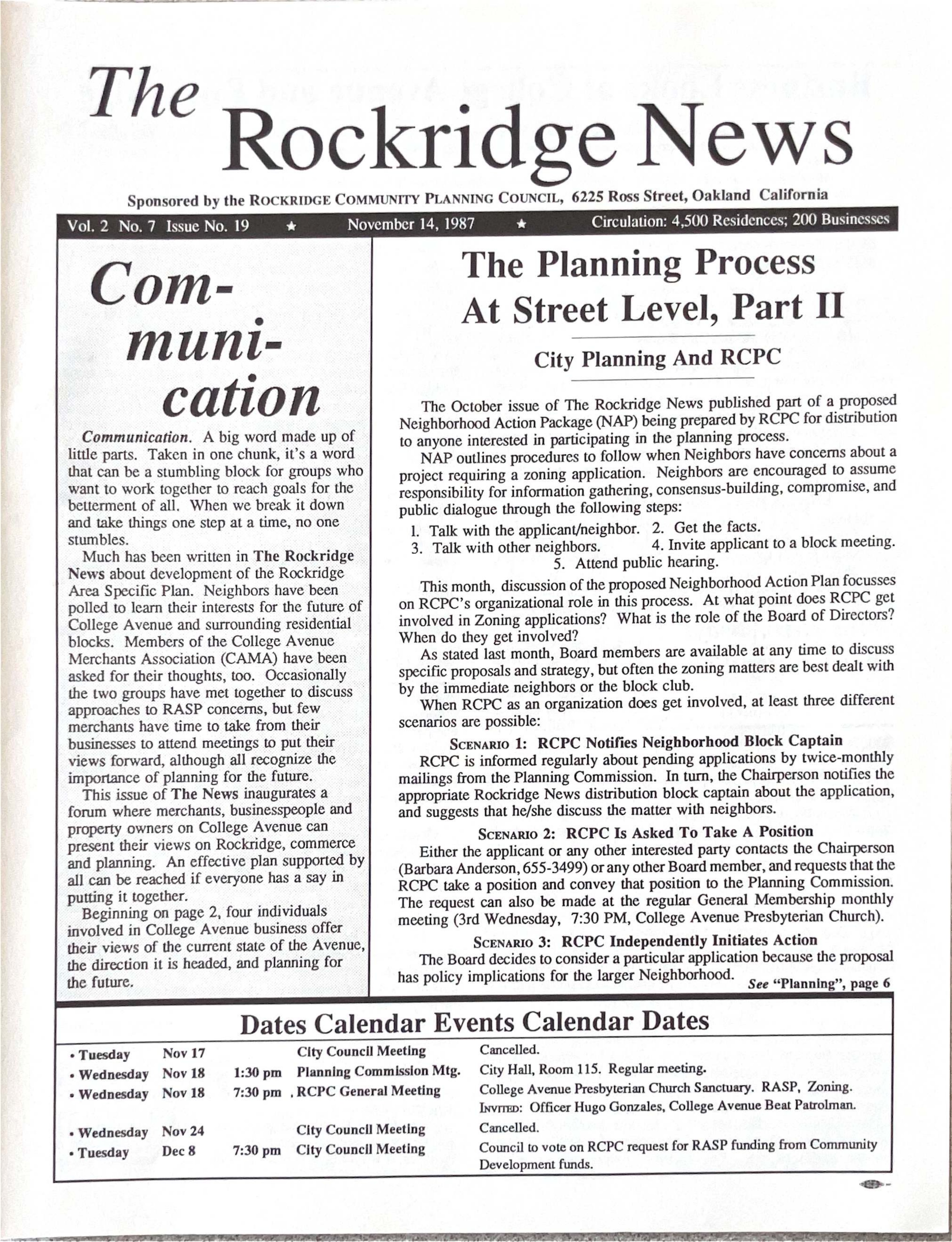 Click to zoom in The Rockridge News, November 1987, page 1