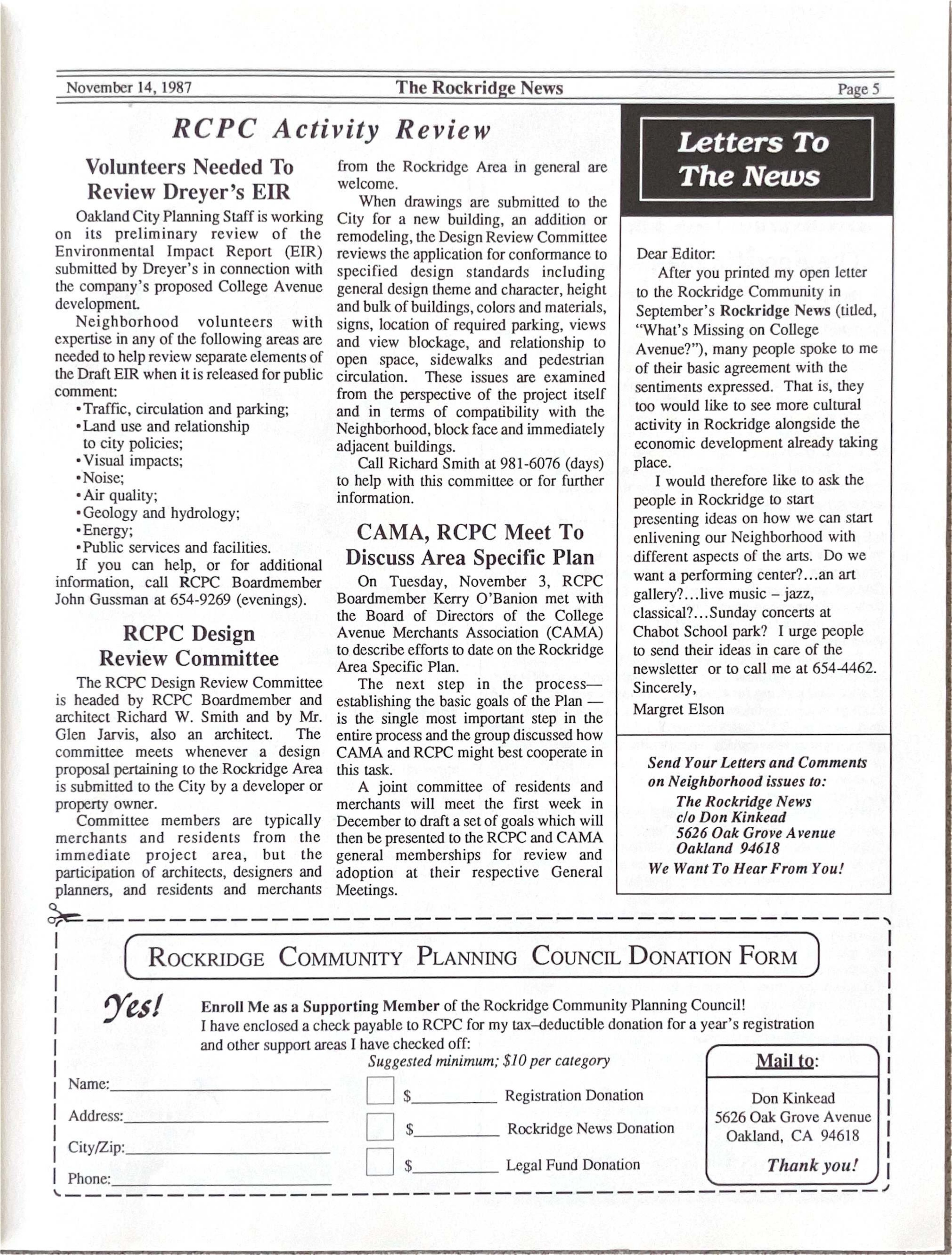 Click to zoom in The Rockridge News, November 1987, page 5