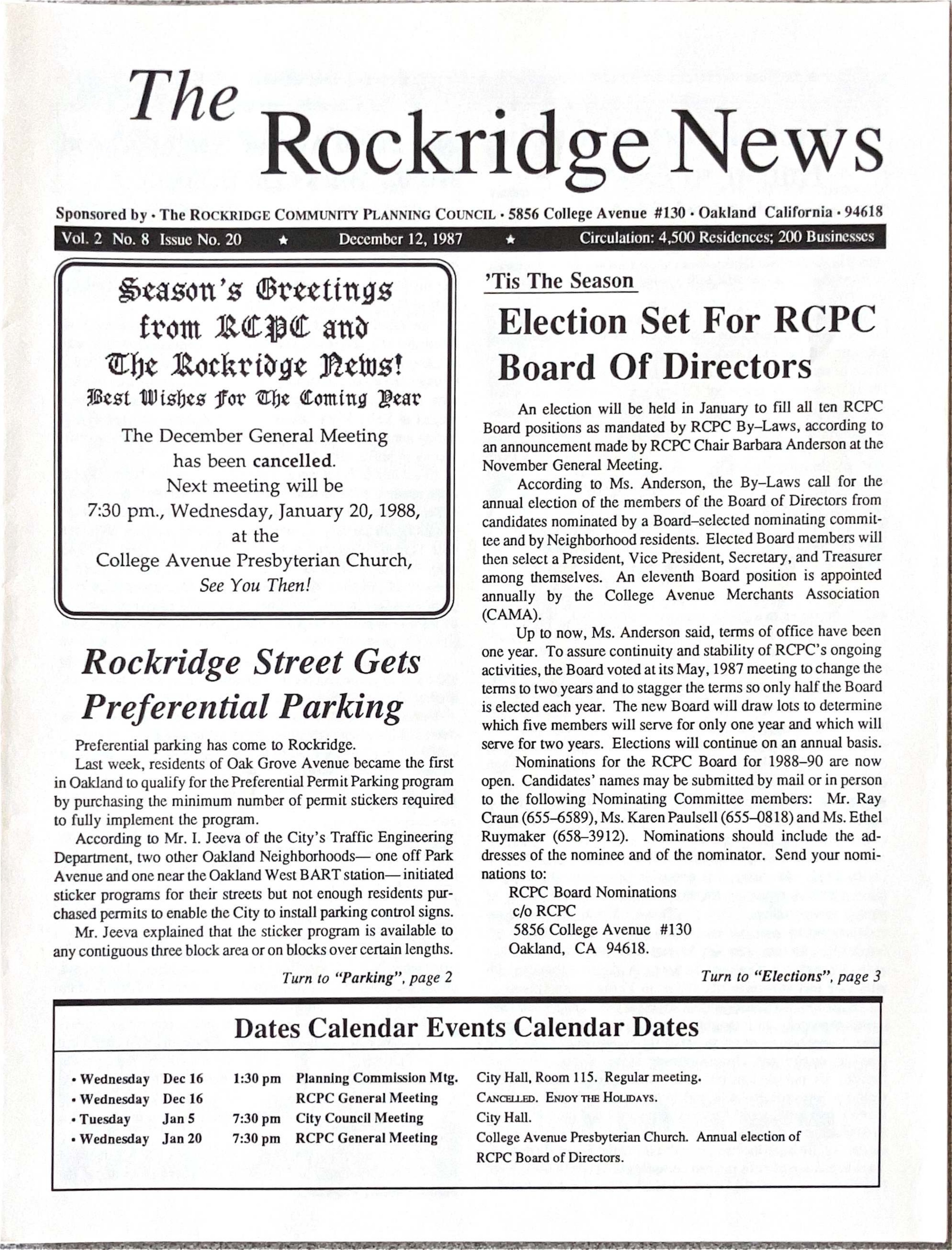 Click to zoom in The Rockridge News, December 1987, page 1