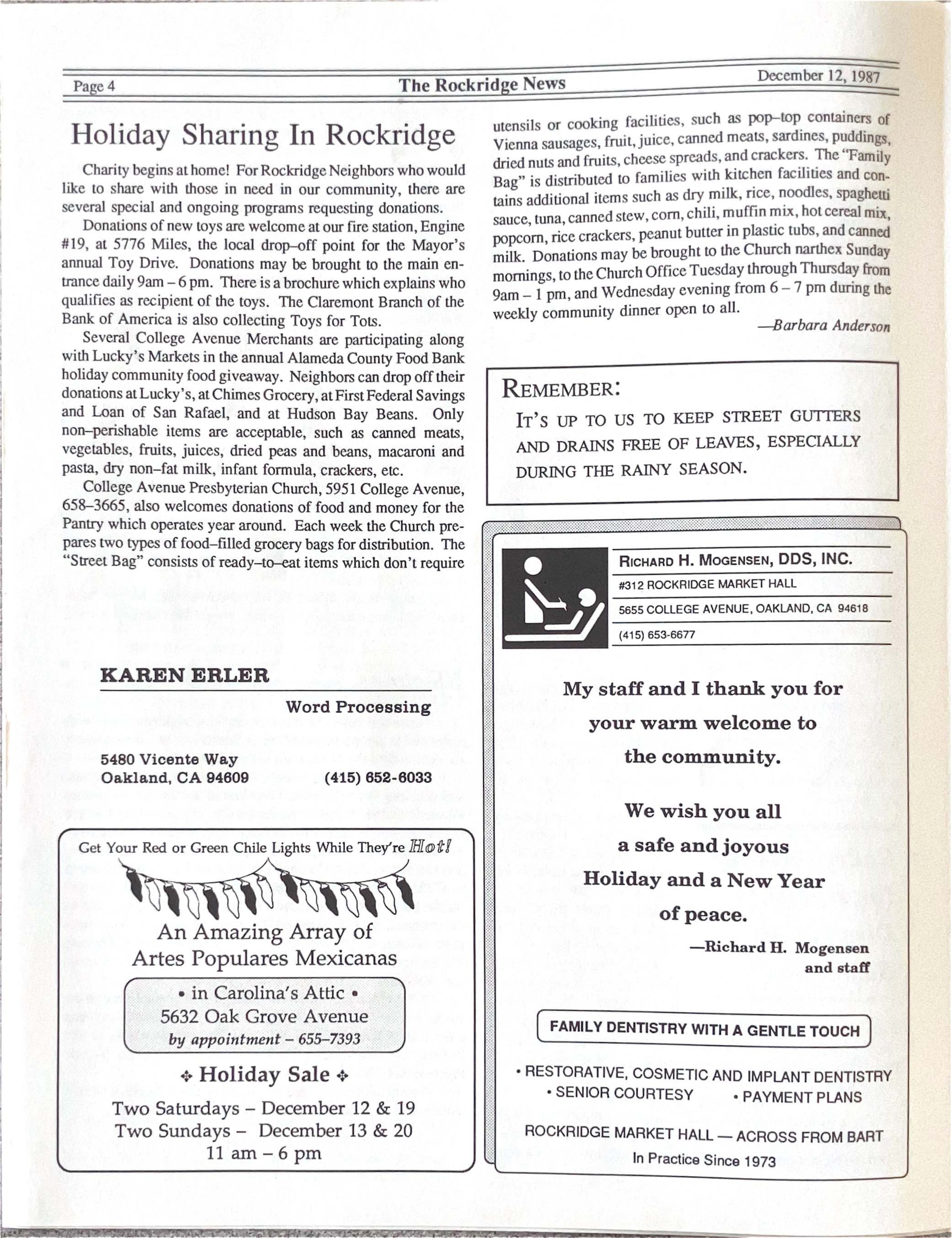 Click to zoom in The Rockridge News, December 1987, page 4