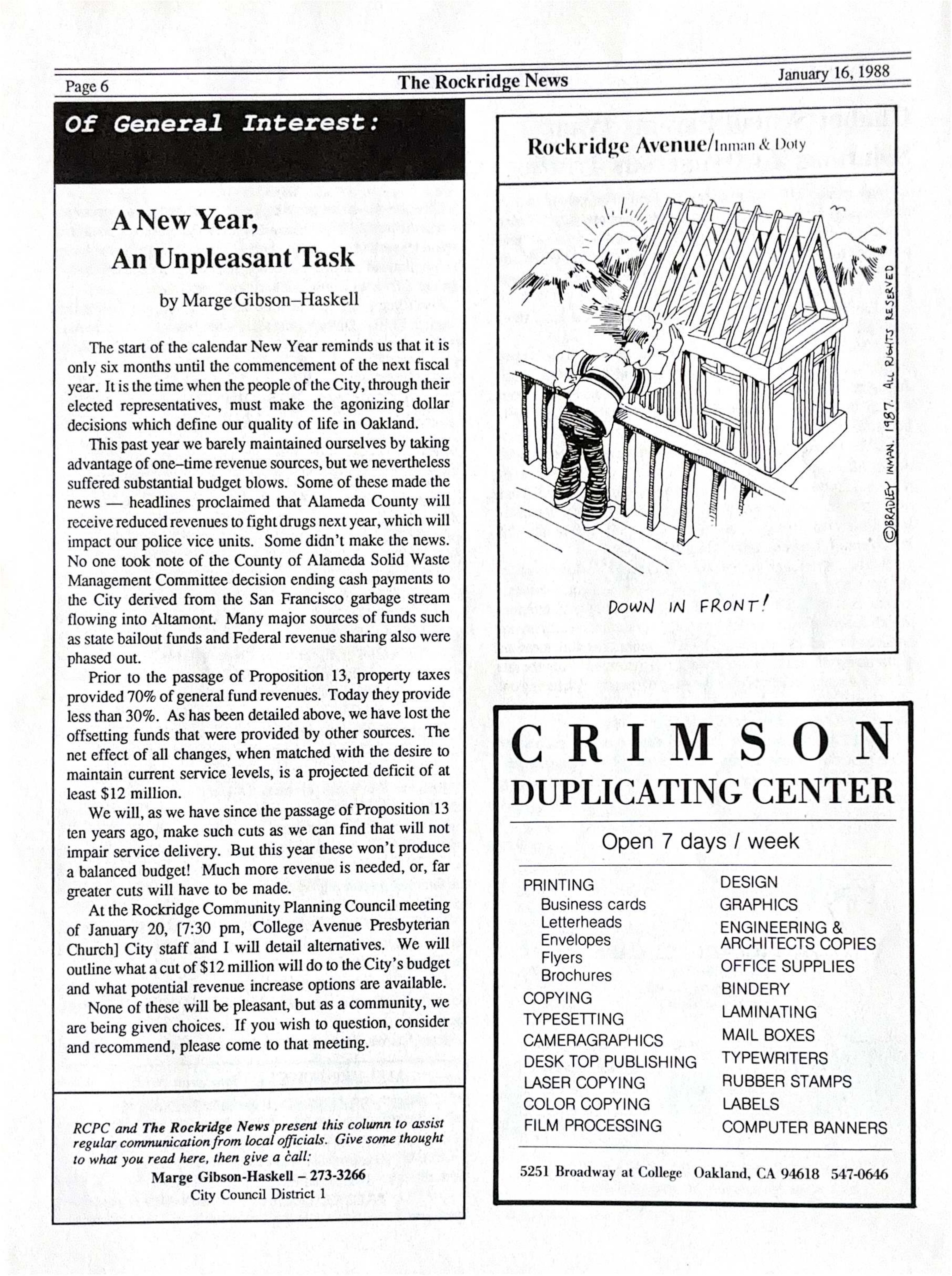Click to zoom in The Rockridge News, January 1988, page 6