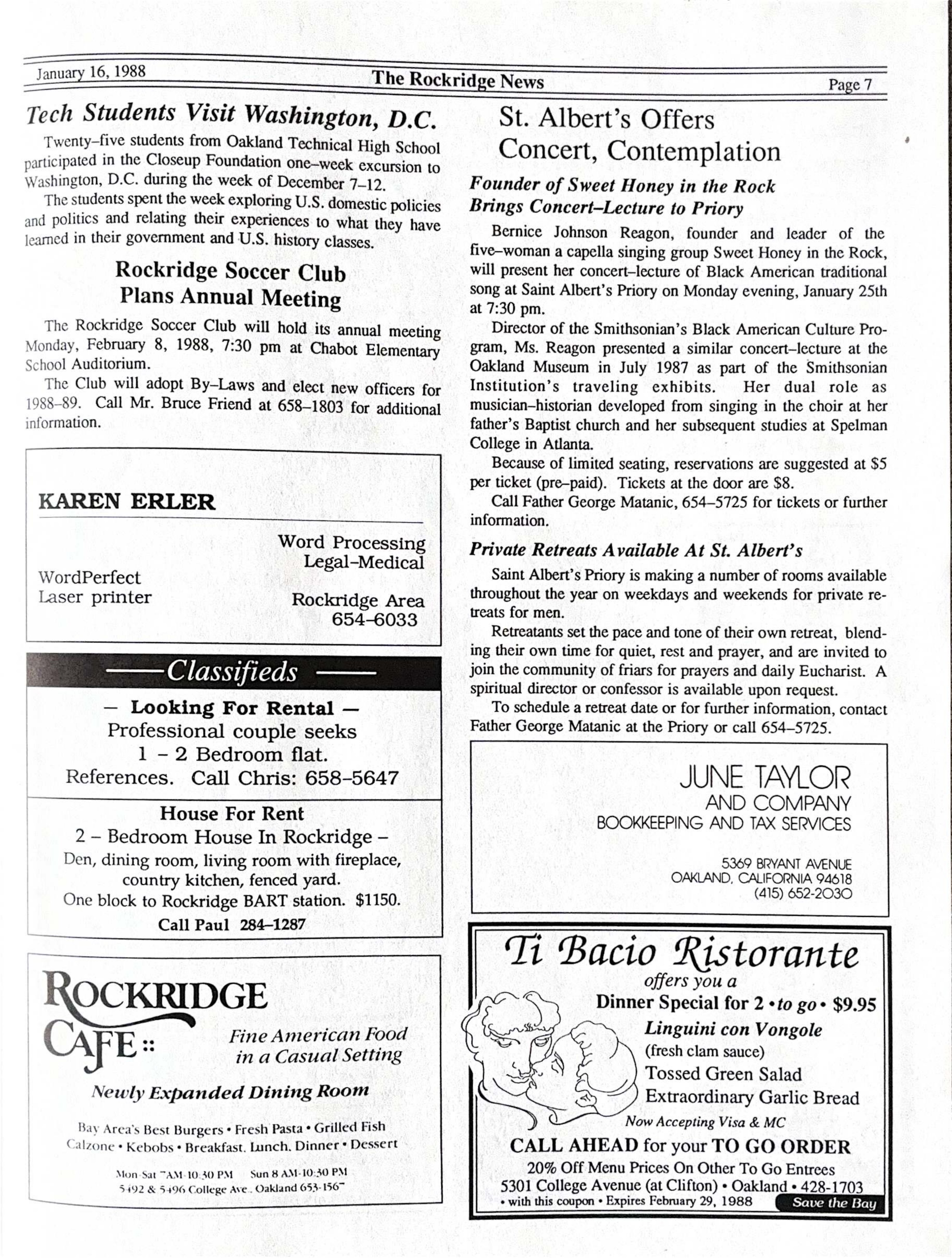 Click to zoom in The Rockridge News, January 1988, page 7