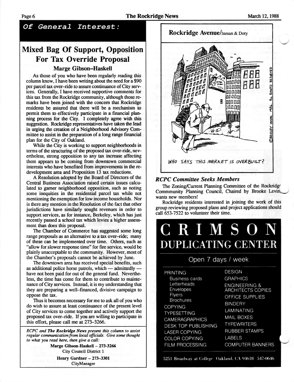 Click to zoom in The Rockridge News, March 1988, page 6