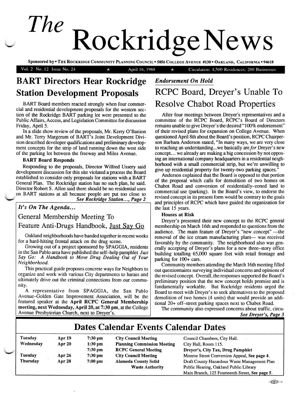 Click to zoom in The Rockridge News, April 1988, page 1