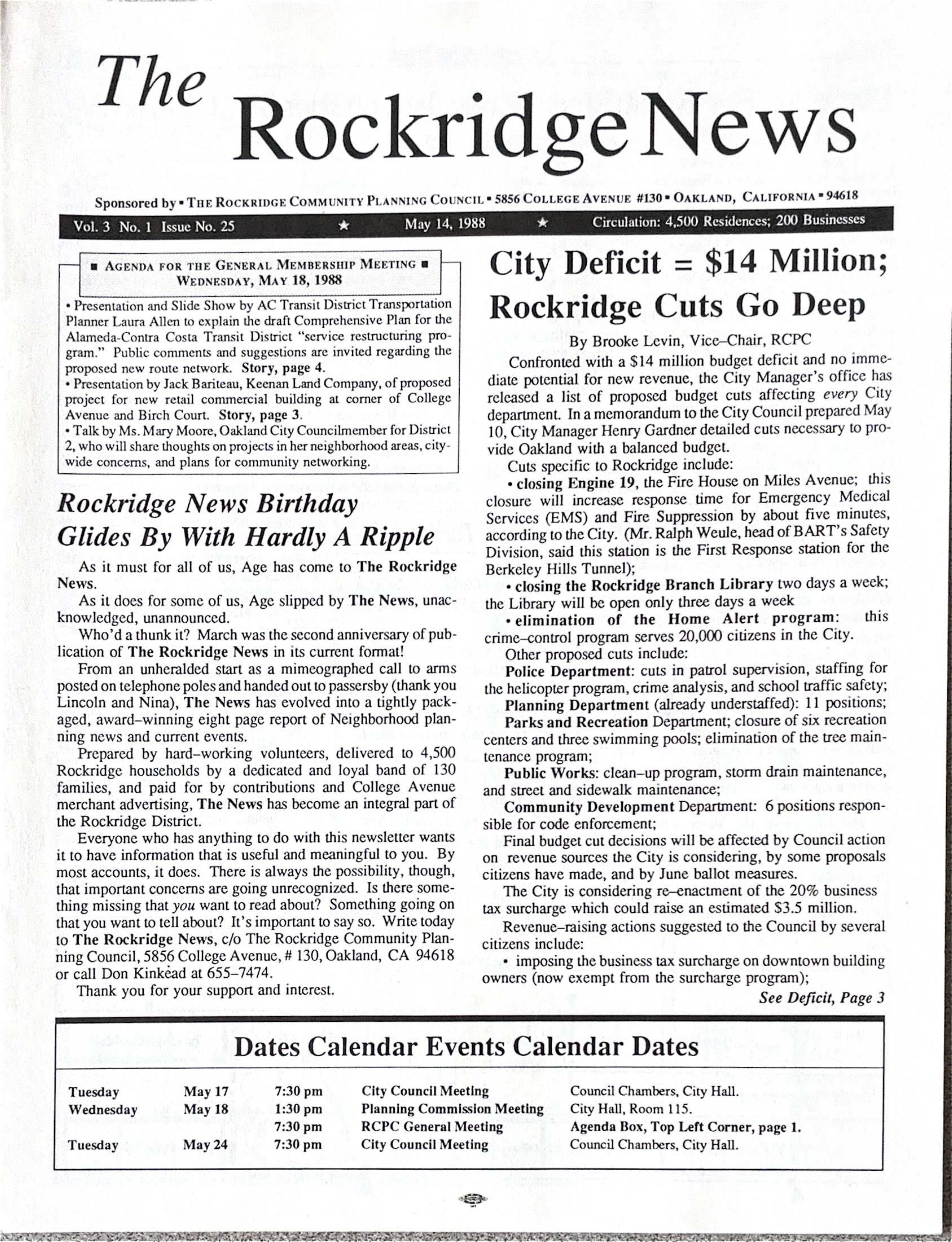 Click to zoom in The Rockridge News, May 1988, page 1