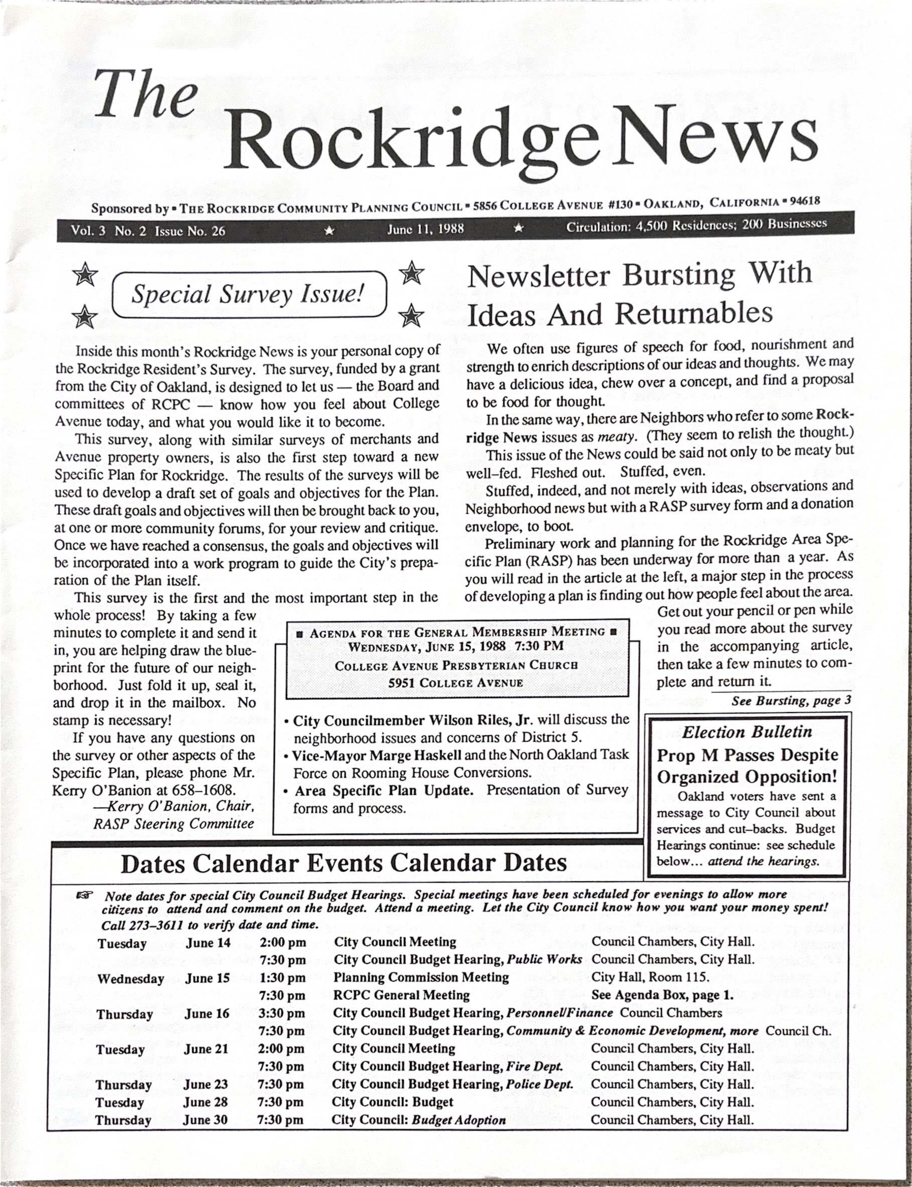 Click to zoom in The Rockridge News, June 1988, page 1