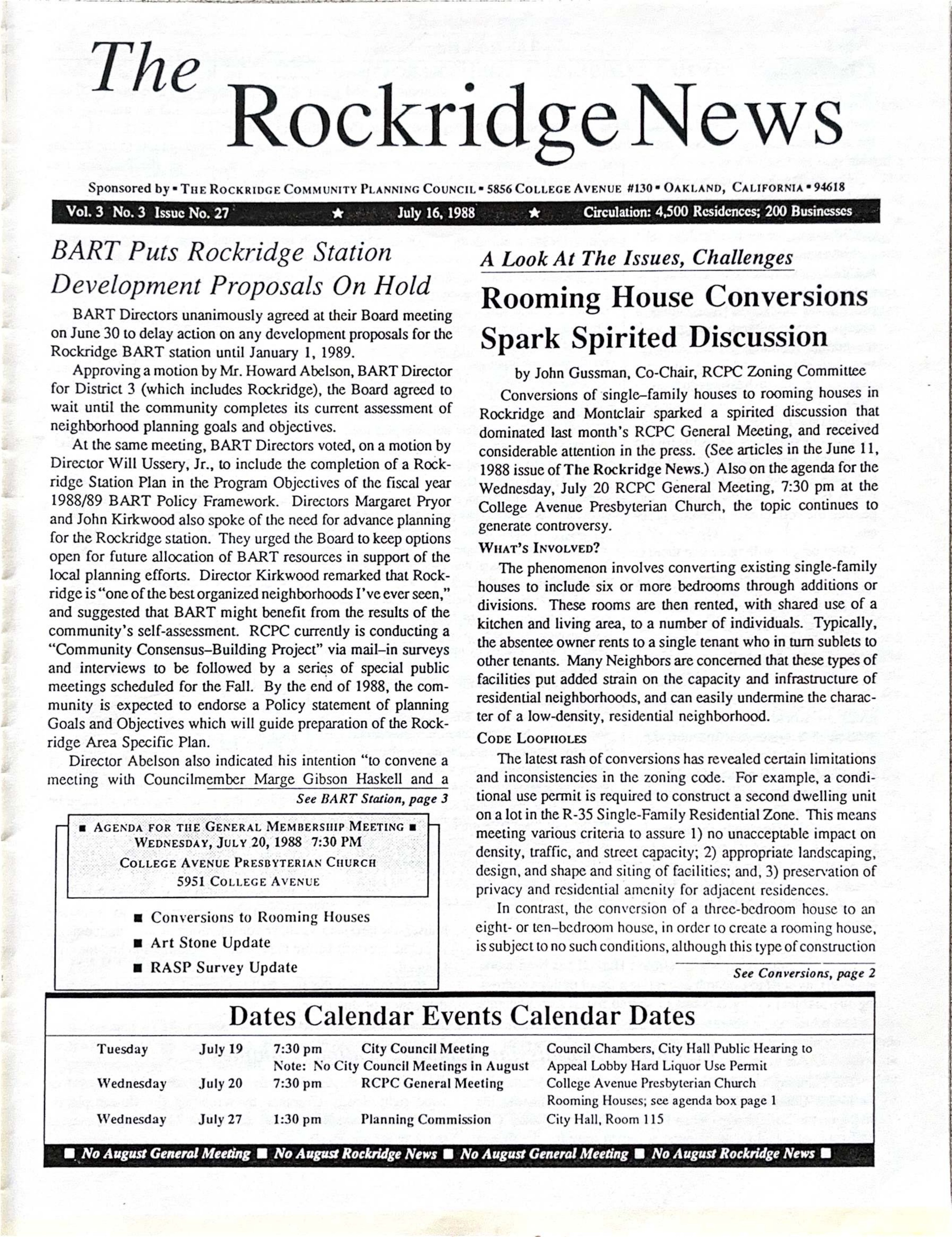 Click to zoom in The Rockridge News, July 1988, page 1