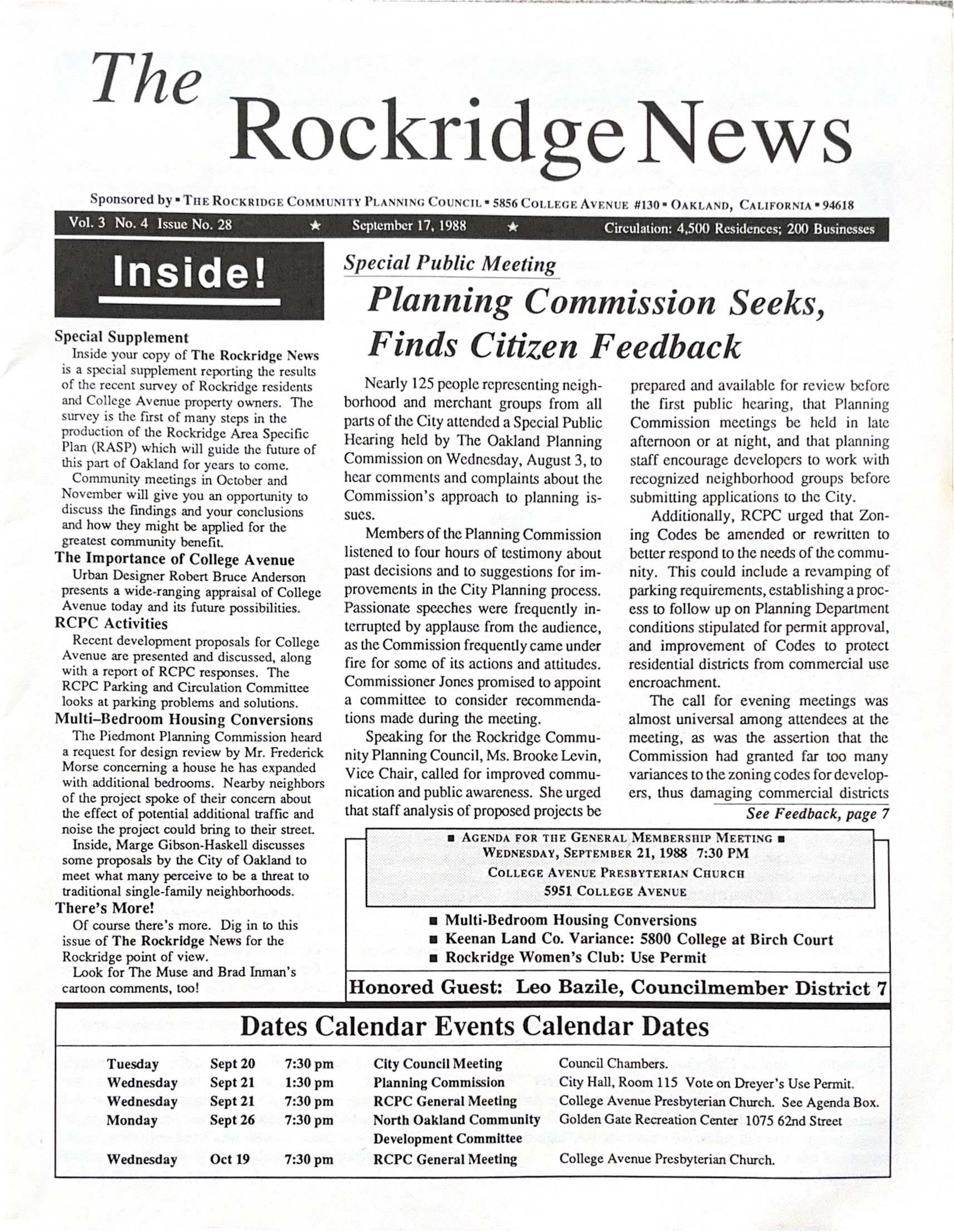 Click to zoom in The Rockridge News, September 1988, page 1