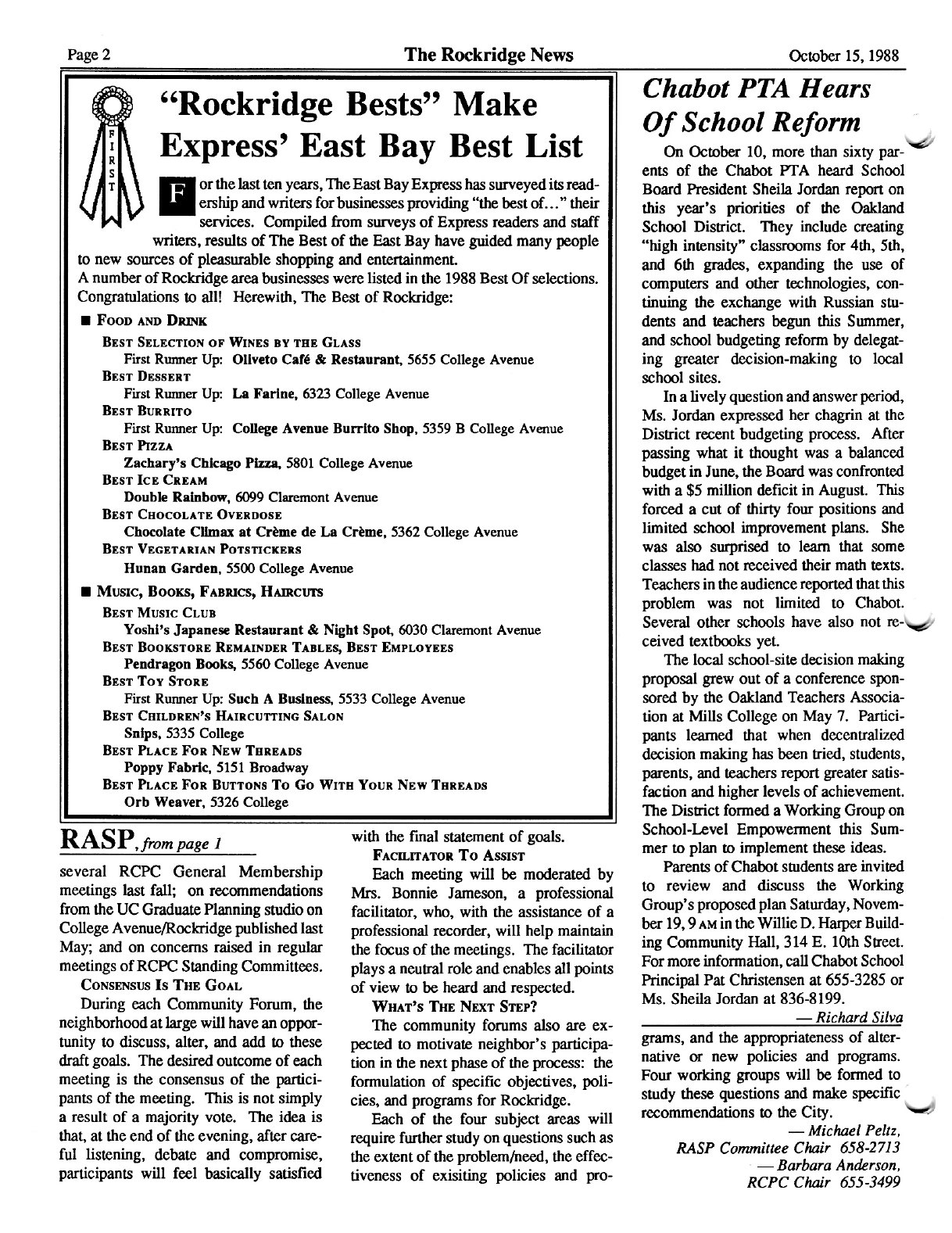 Click to zoom in The Rockridge News, October 1988, page 2