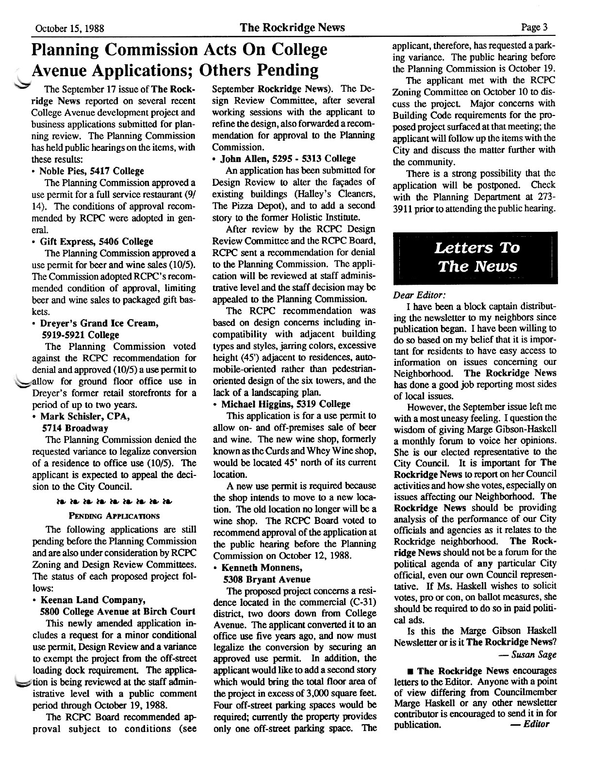 Click to zoom in The Rockridge News, October 1988, page 3