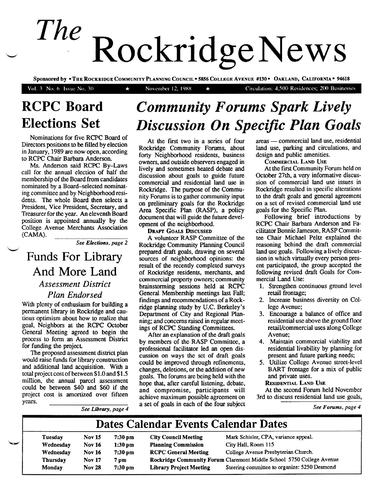 Click to zoom in The Rockridge News, November 1988, page 1