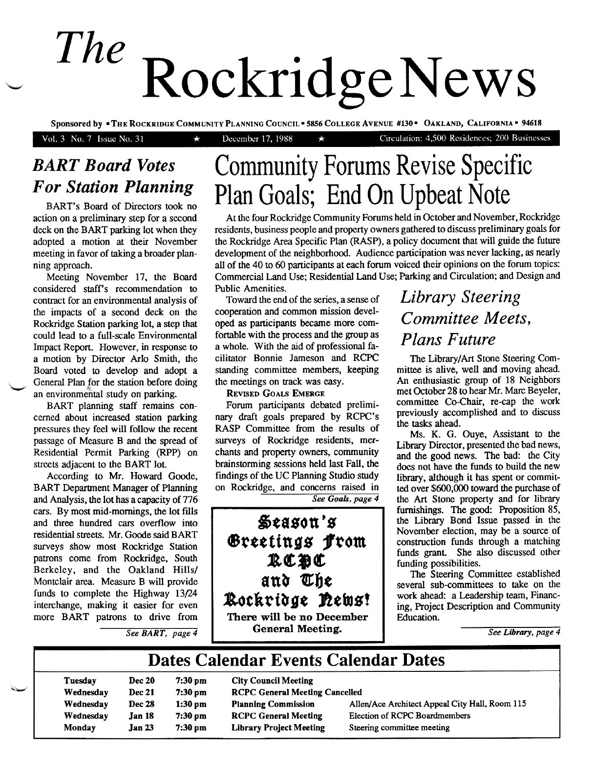 Click to zoom in The Rockridge News, December 1988, page 1