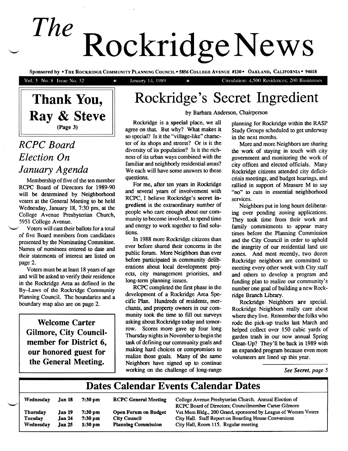Click to zoom in The Rockridge News, January 1989, page 1
