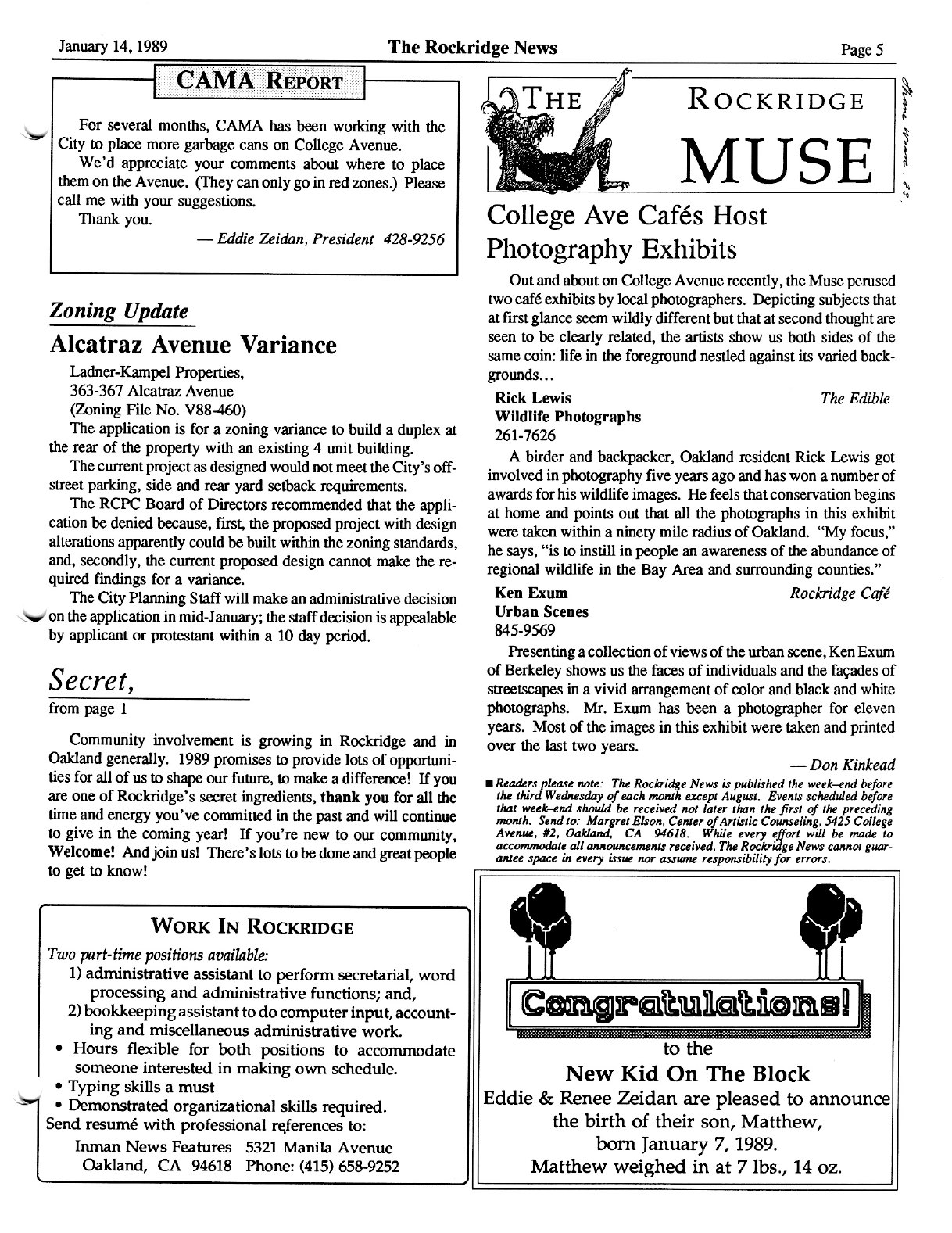 Click to zoom in The Rockridge News, January 1989, page 5