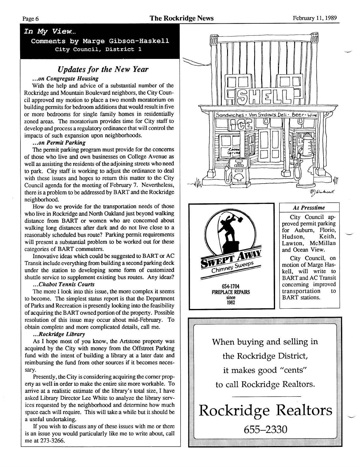 Click to zoom in The Rockridge News, February 1989, page 6