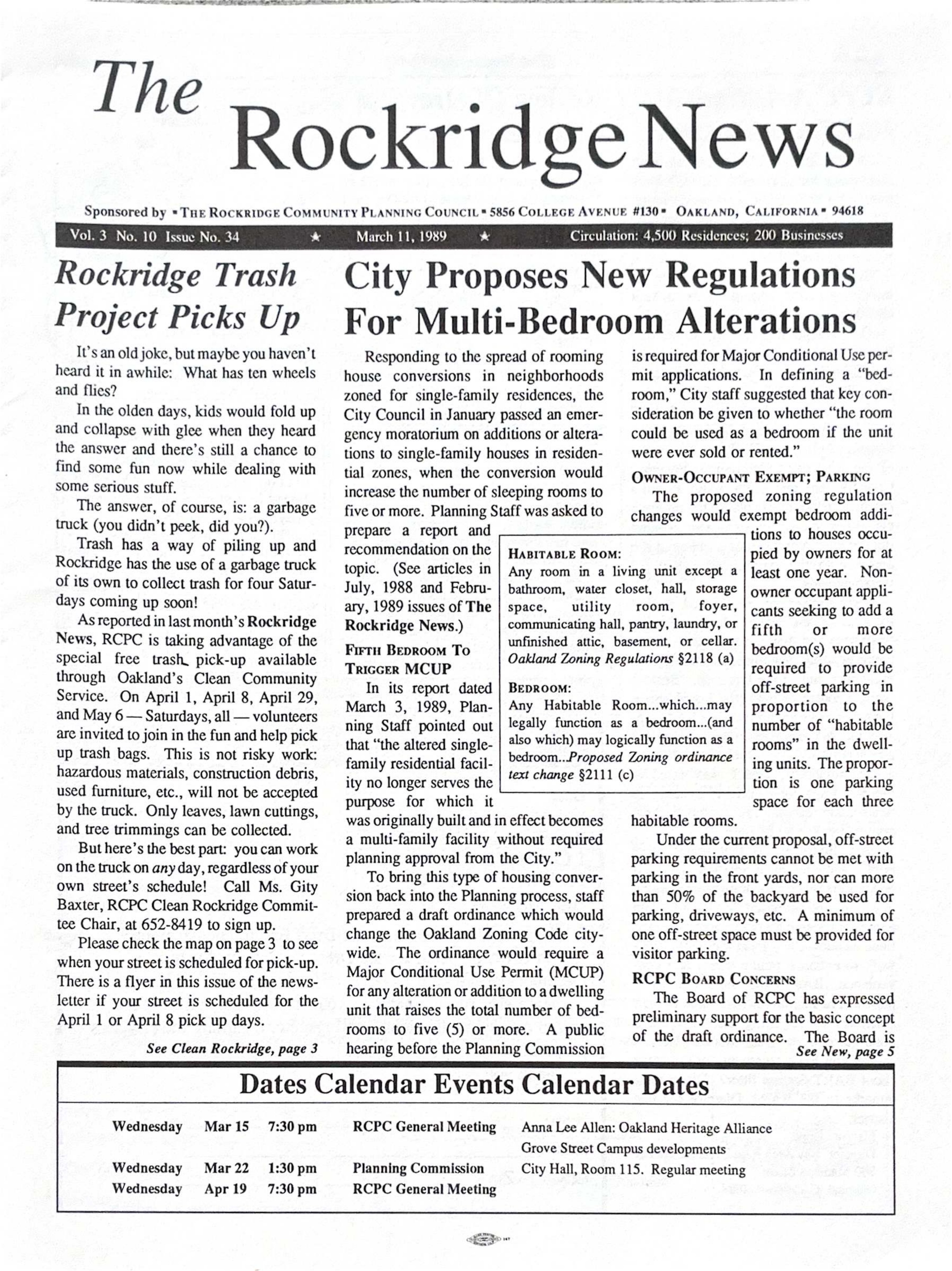 Click to zoom in The Rockridge News, March 1989, page 1