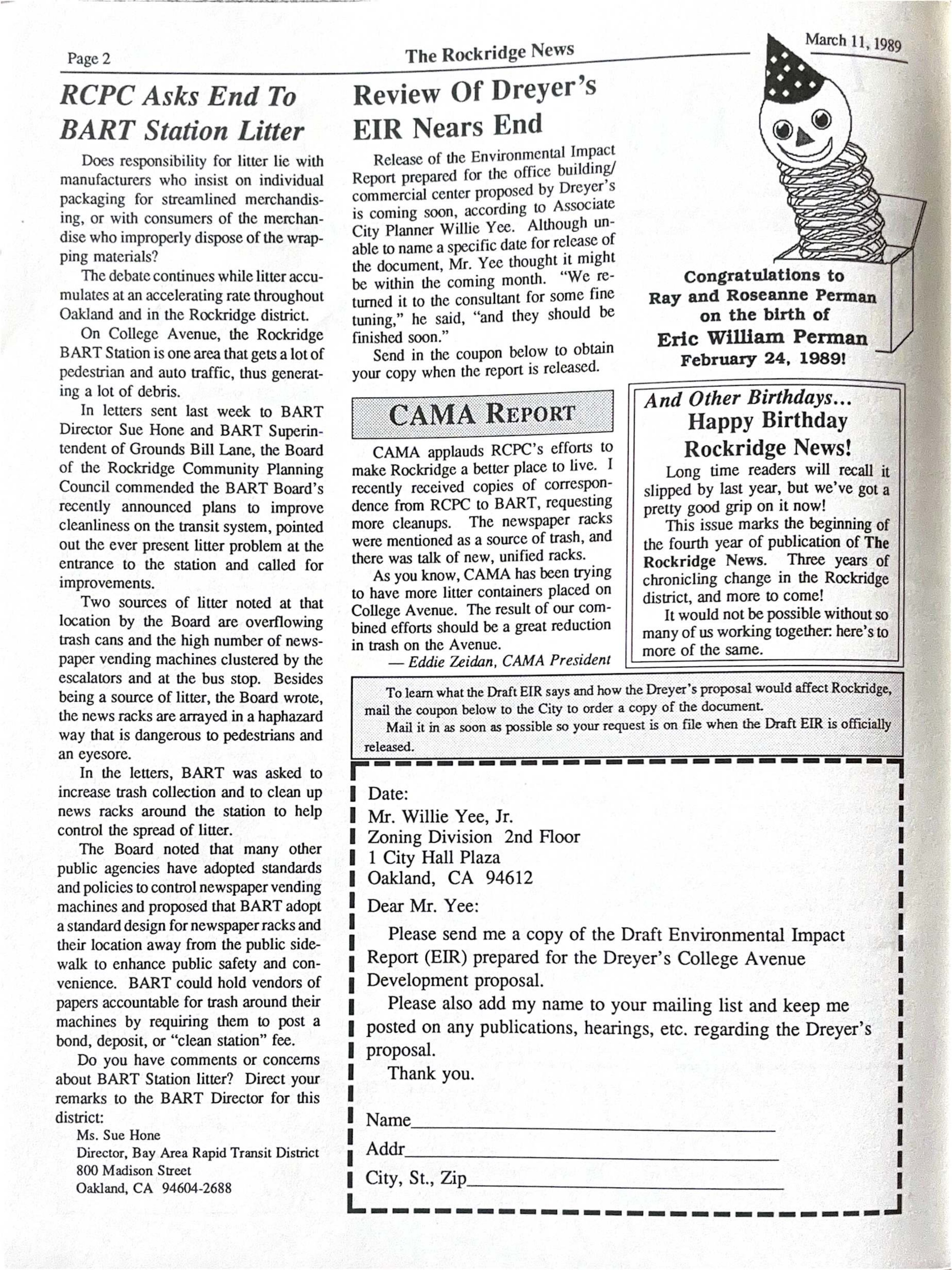 Click to zoom in The Rockridge News, March 1989, page 2
