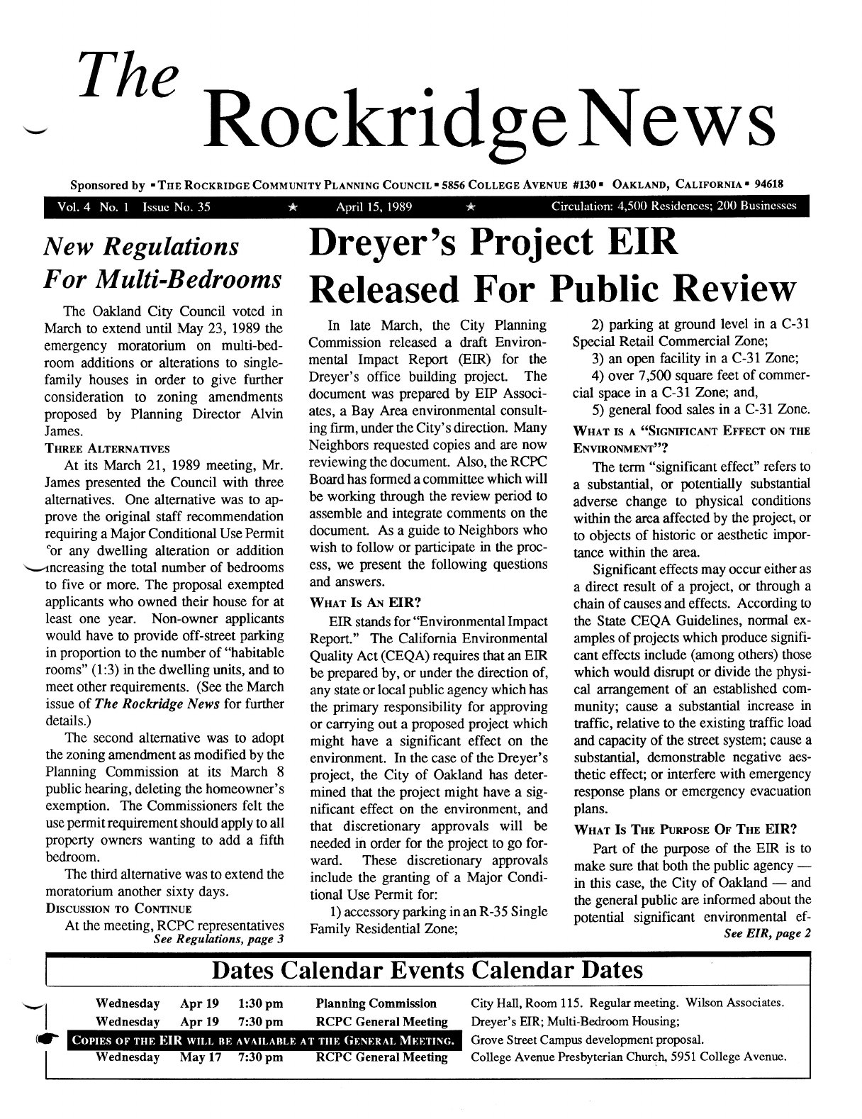 Click to zoom in The Rockridge News, April 1989, page 1