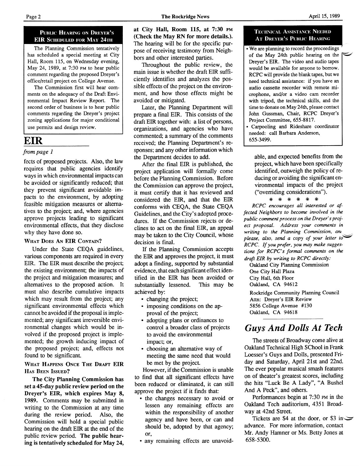 Click to zoom in The Rockridge News, April 1989, page 2