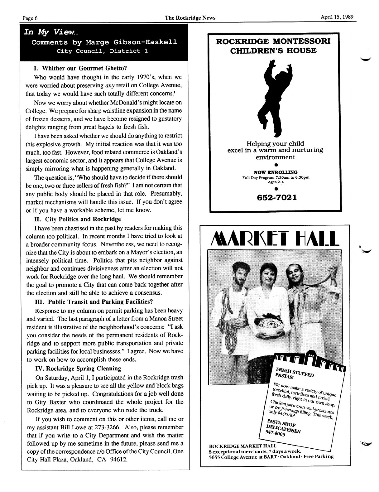 Click to zoom in The Rockridge News, April 1989, page 6