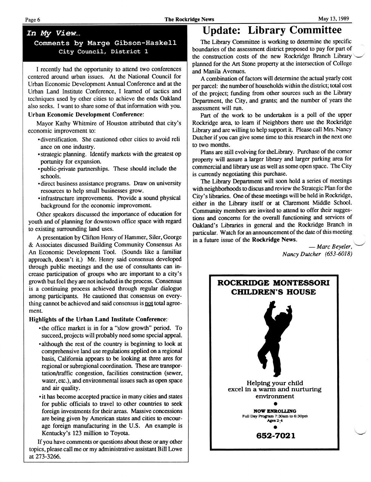 Click to zoom in The Rockridge News, May 1989, page 6