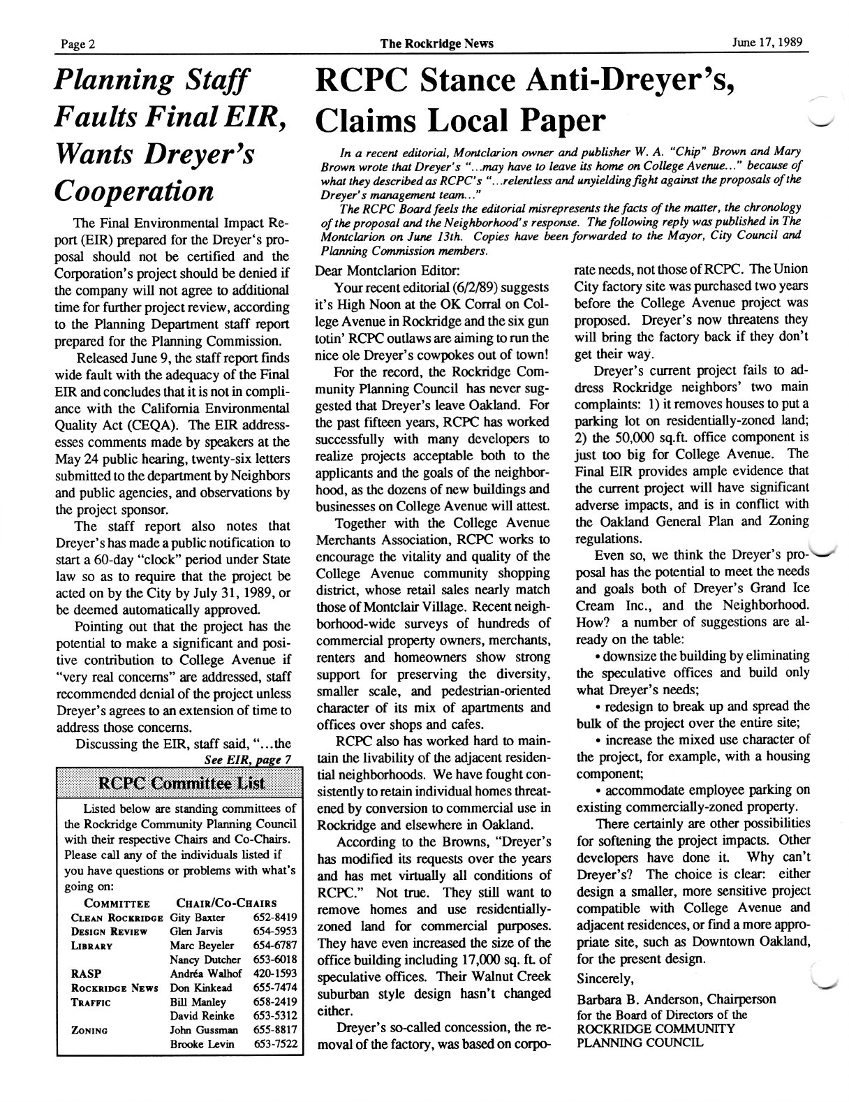 Click to zoom in The Rockridge News, June 1989, page 2