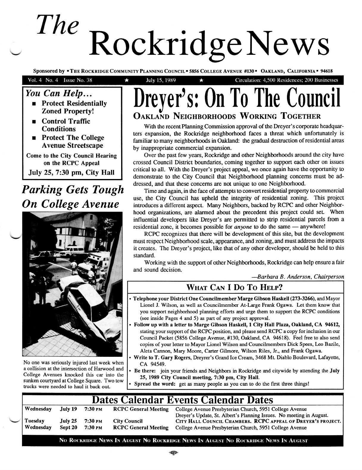 Click to zoom in The Rockridge News, July 1989, page 1