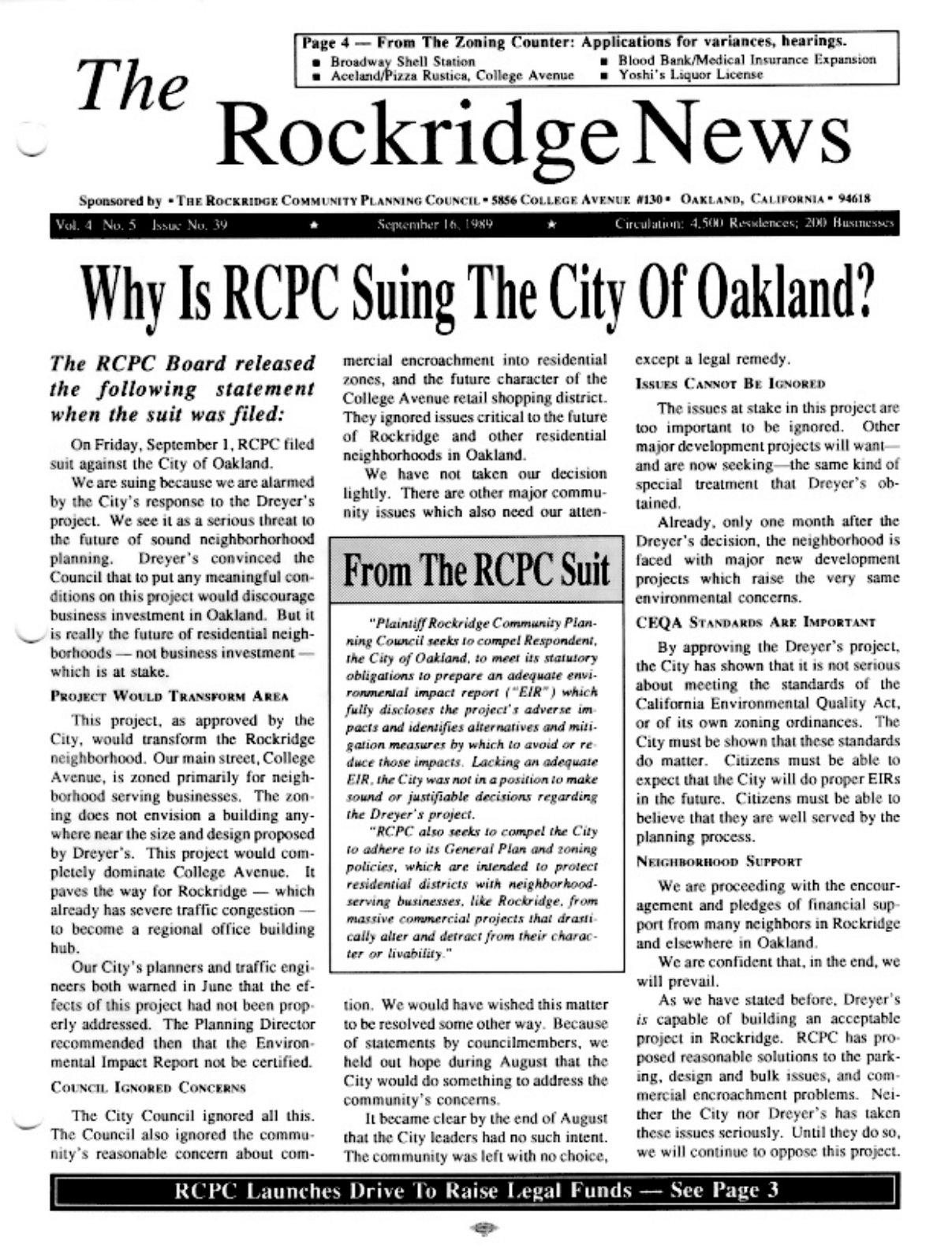 Click to zoom in The Rockridge News, September 1989, page 1