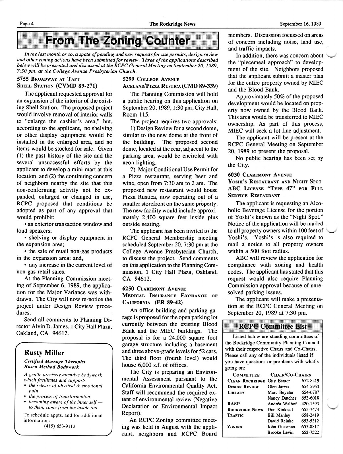 Click to zoom in The Rockridge News, September 1989, page 4